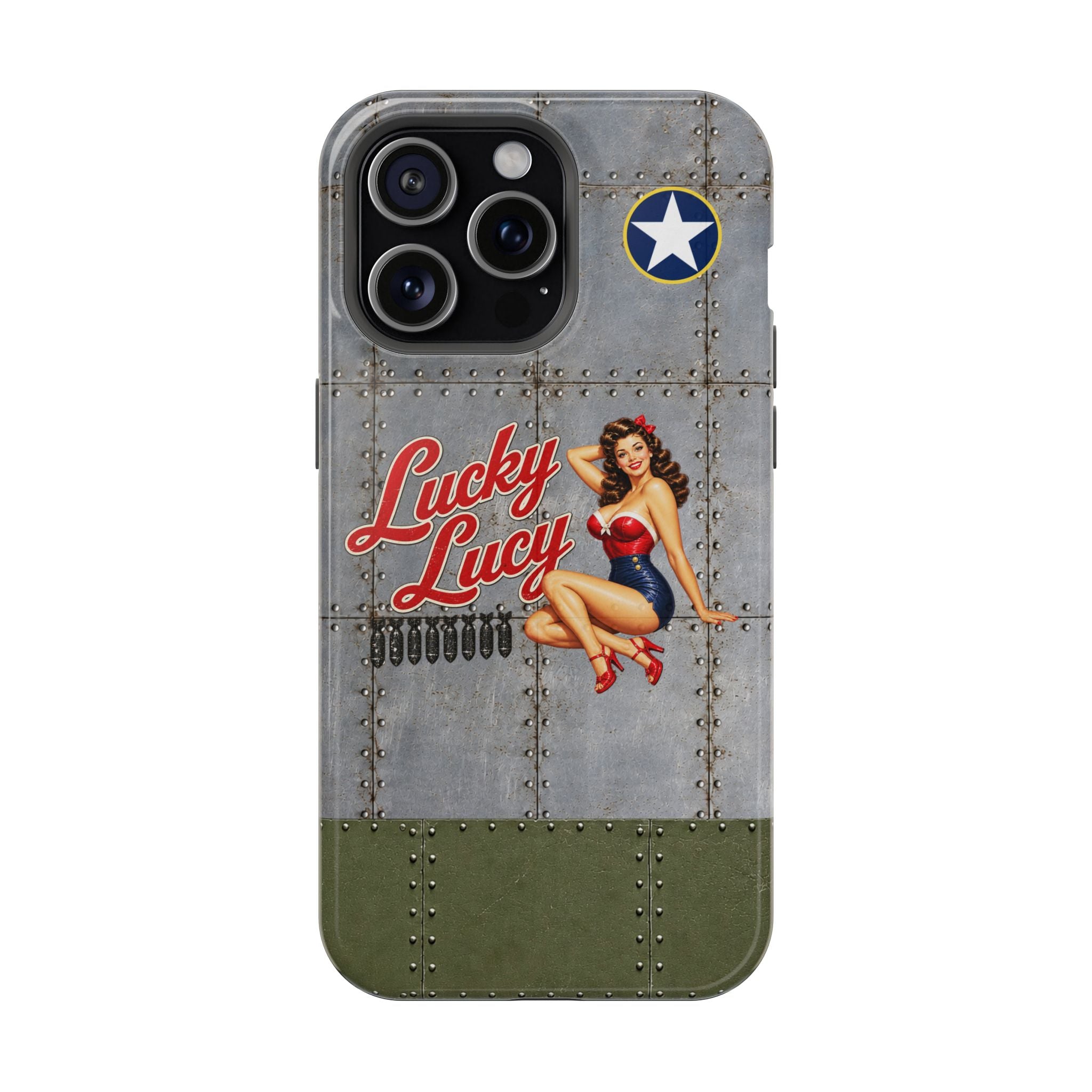 WWII Pinup Phone Case, Lucky Lucy Nose Art, MagSafe Dual Layer Case for iPhone & Samsung Galaxy, Vintage Aircraft Art
