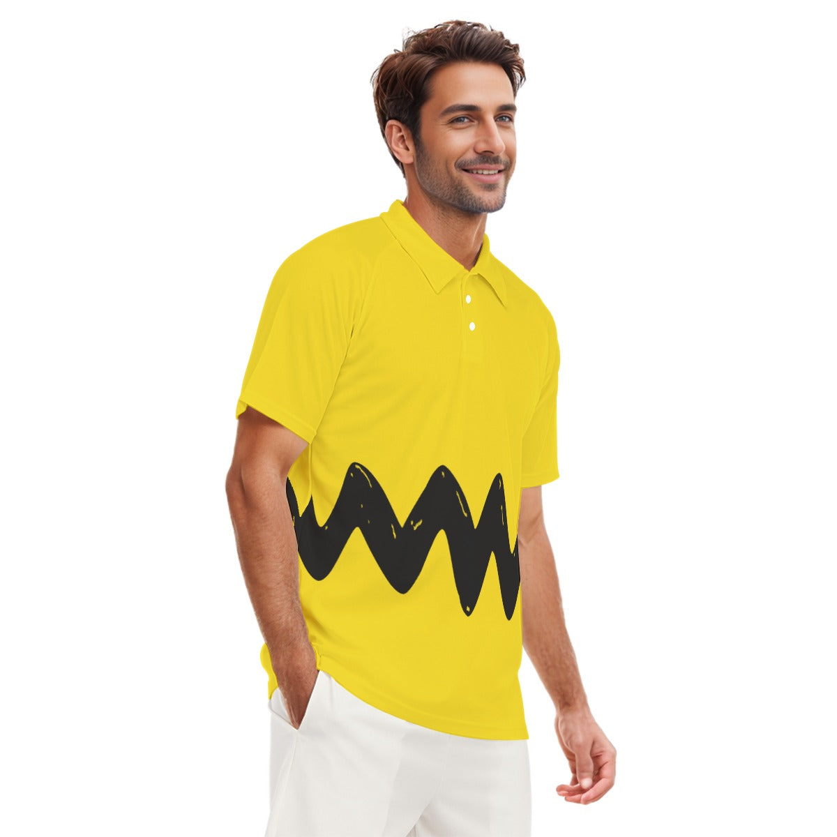 Yellow Polo Charlie Shirt With Black Zigzag Cartoon Blockhead - Costume - Drawn Look Brown