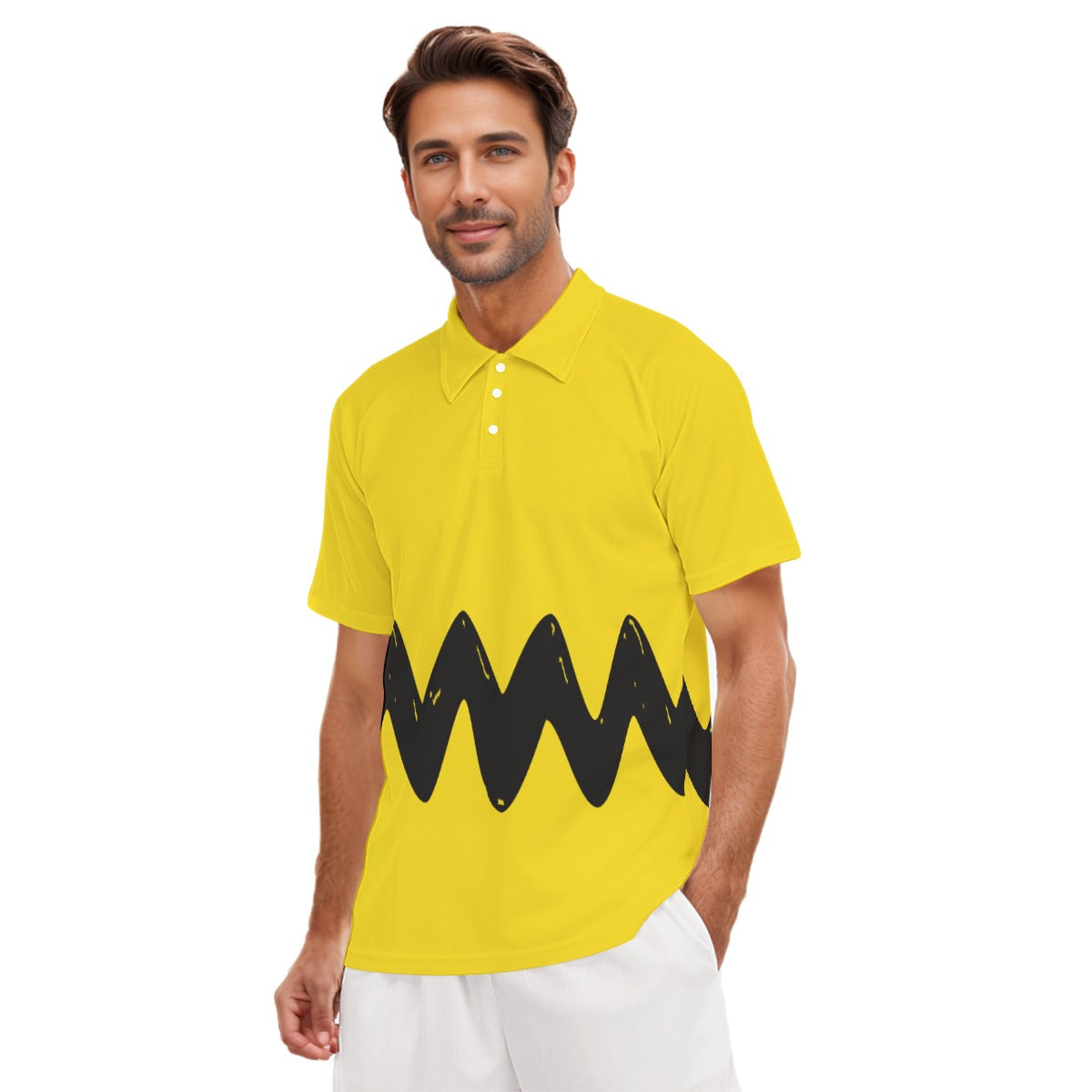 Yellow Polo Charlie Shirt With Black Zigzag Cartoon Blockhead - Costume - Drawn Look Brown