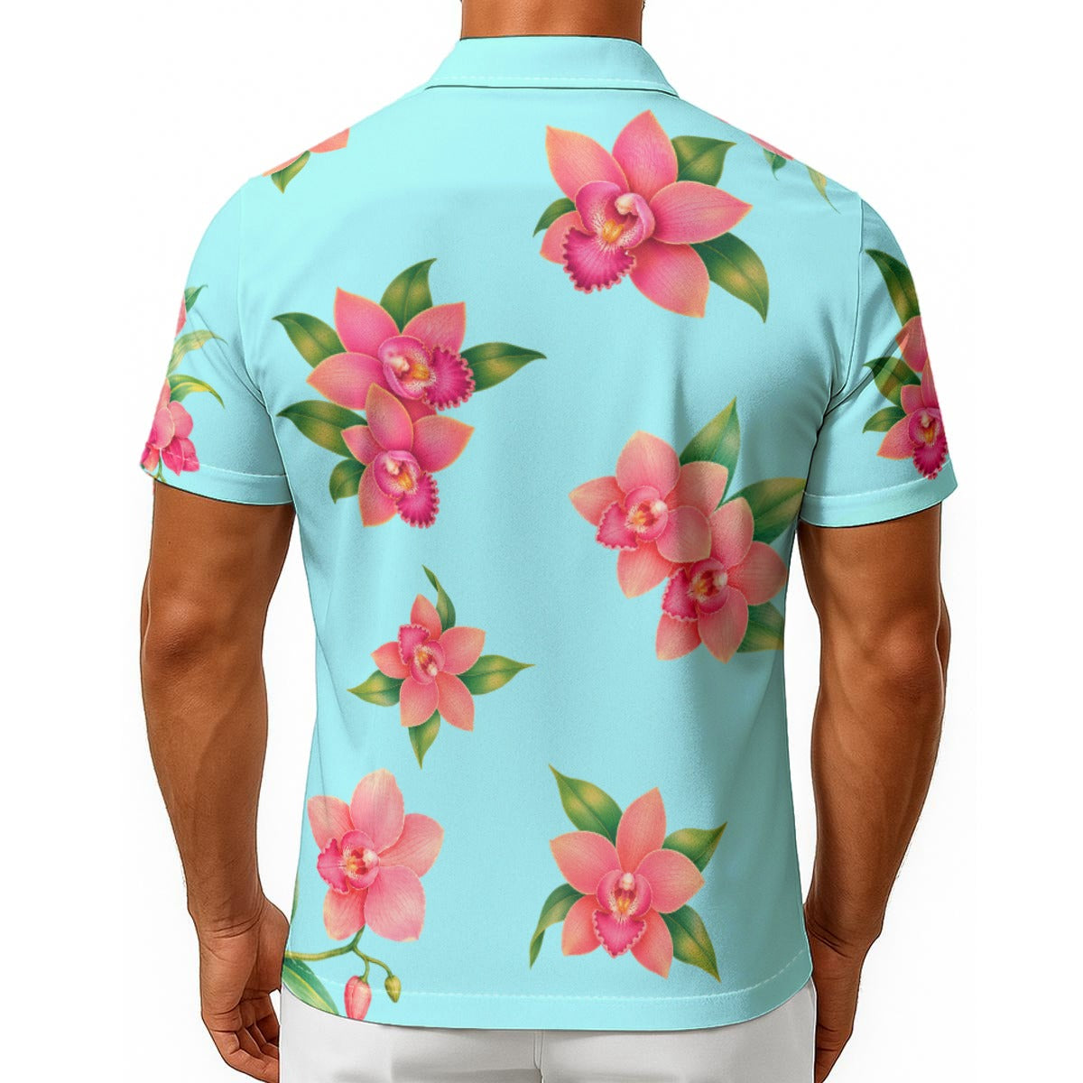 Men's Turquoise Blue / Green Hawaiian Shirt With Pink Flower Orchids Button Closure Abby Costume