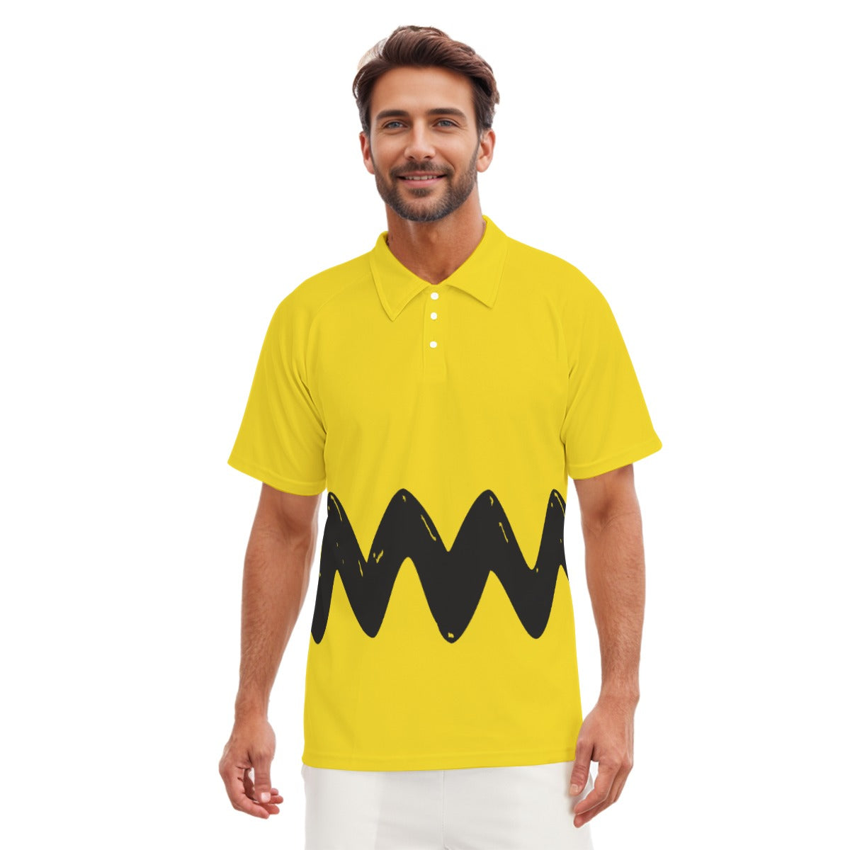 Yellow Polo Charlie Shirt With Black Zigzag Cartoon Blockhead - Costume - Drawn Look Brown