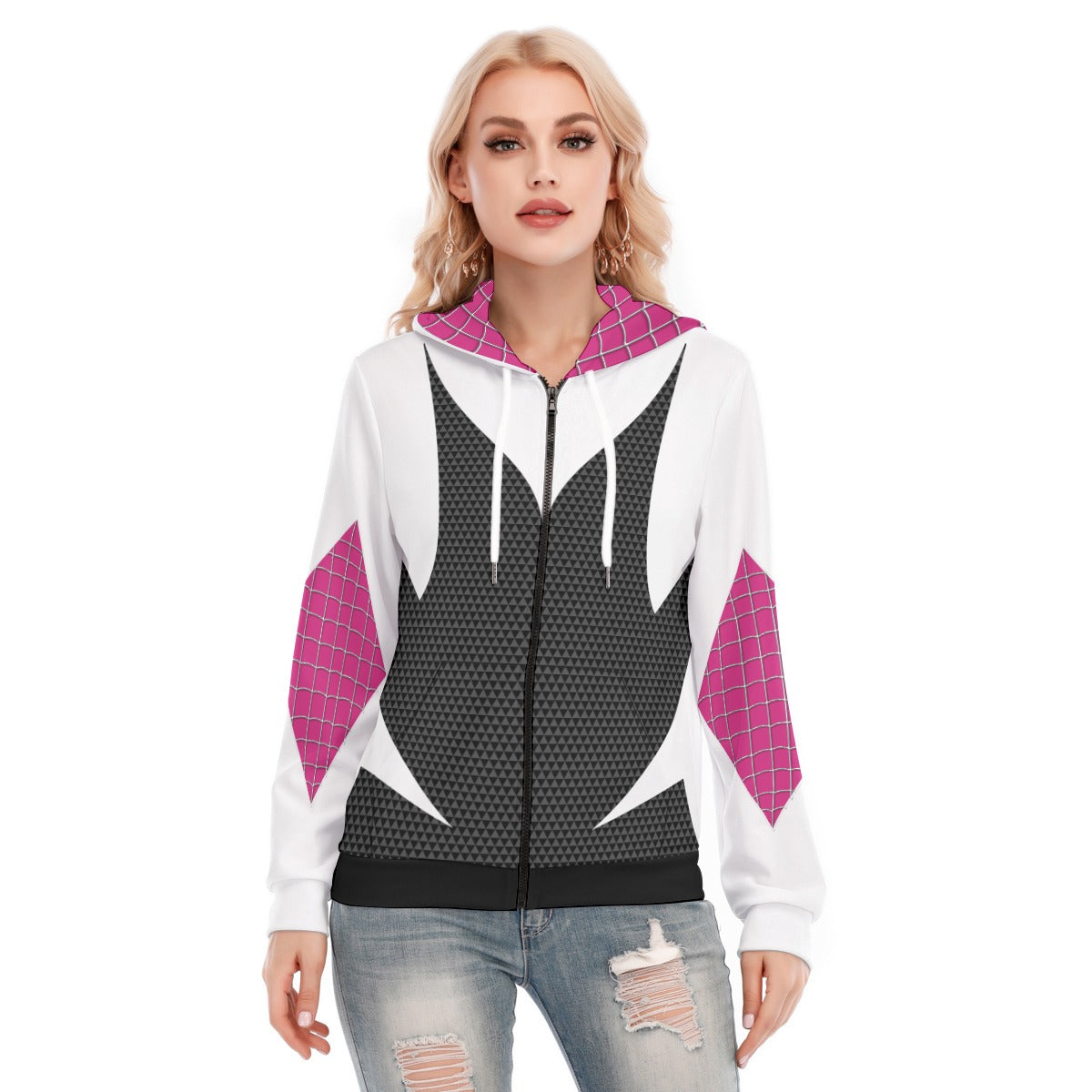 Gwen Spider Web Women's Zip Hoodie Costume Black and White