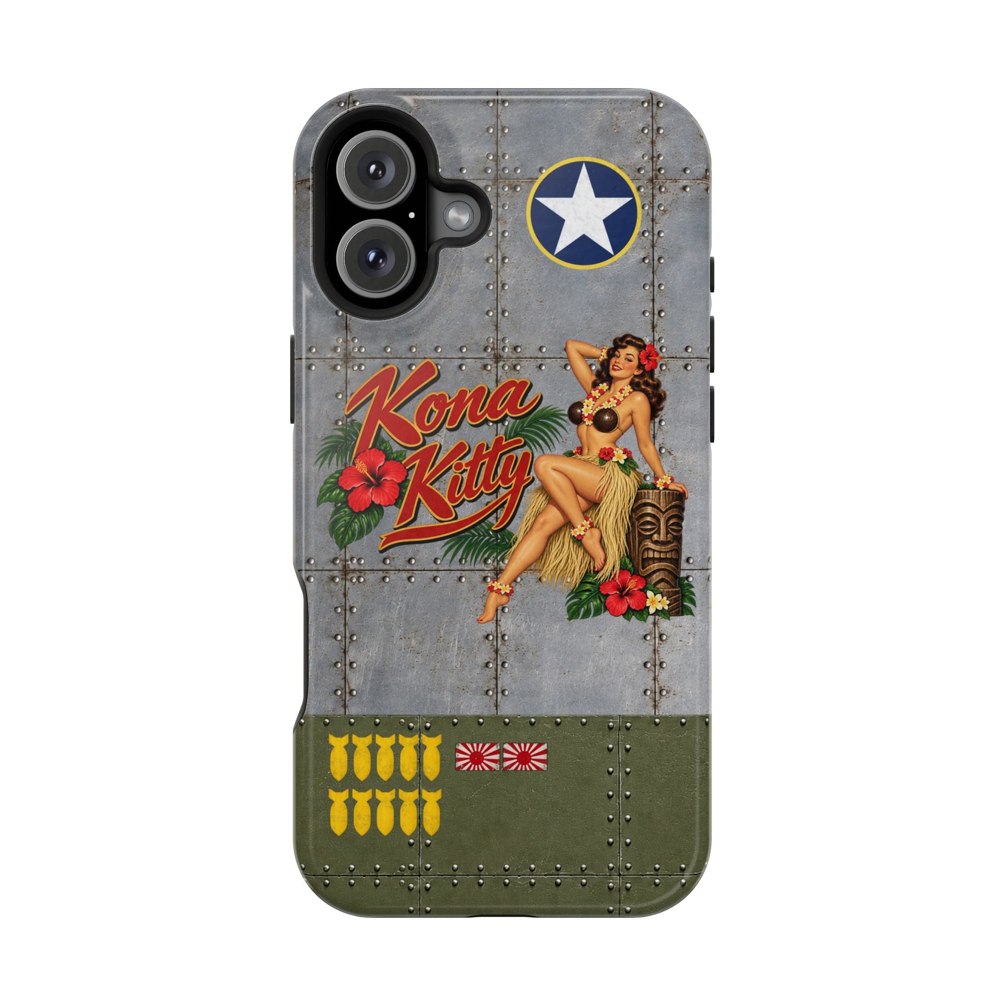 WWII Pinup Nose Art Phone Case, Kona Kitty Airplane Art, MagSafe Dual Layer Case for iPhone & Samsung Galaxy, Vintage Military Art