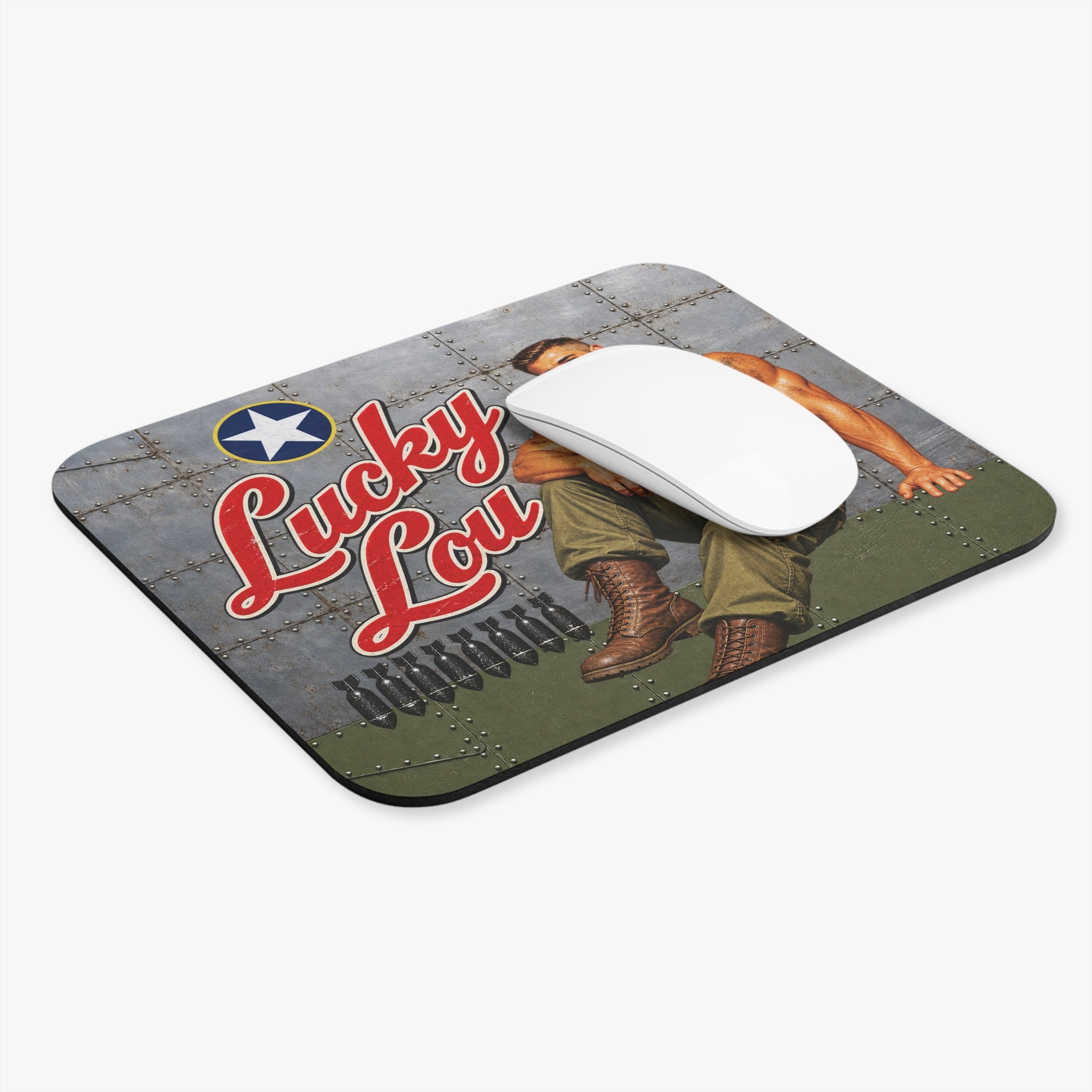Lucky Lou WWII Beefcake Mouse Pad, Vintage Male Pinup Nose Art, Retro Military Aviation Desk Mat, 9x8 Inch