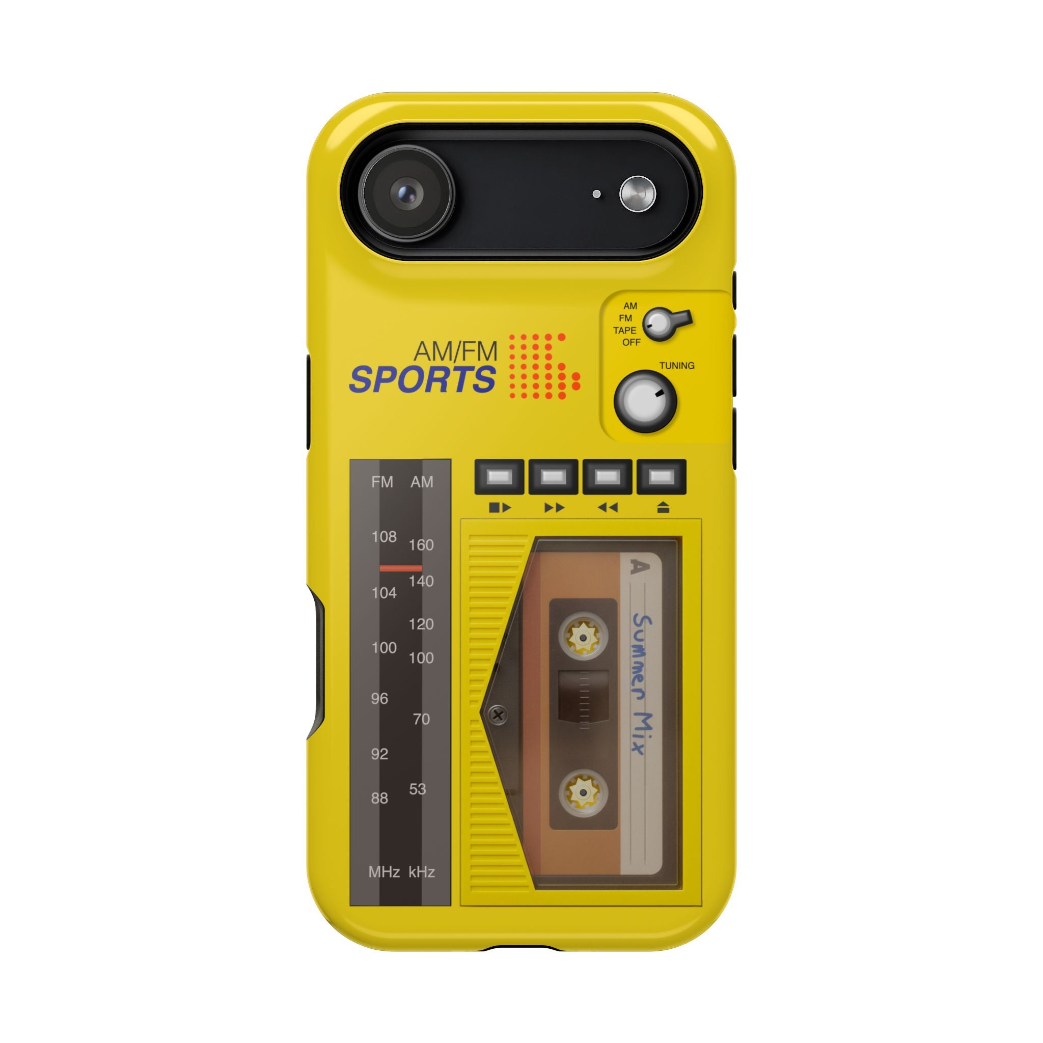 Retro Cassette AM FM Radio iPhone Case, Vintage Walkman Style Phone Case, MagSafe Dual Layer Protective Case Sport Yellow