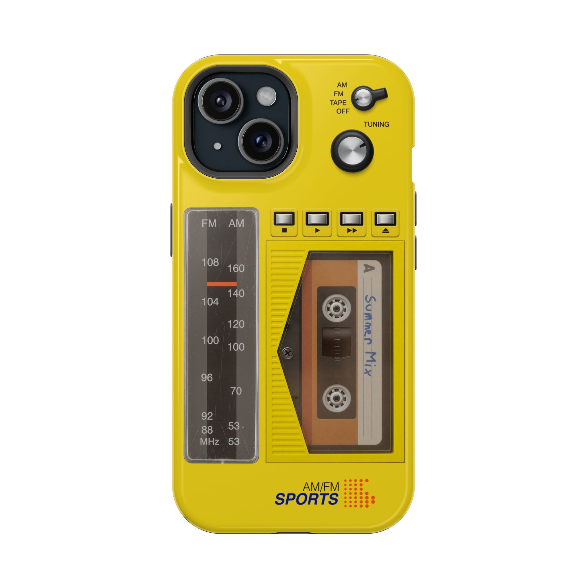 Retro Cassette AM FM Radio iPhone Case, Vintage Walkman Style Phone Case, MagSafe Dual Layer Protective Case Sport Yellow
