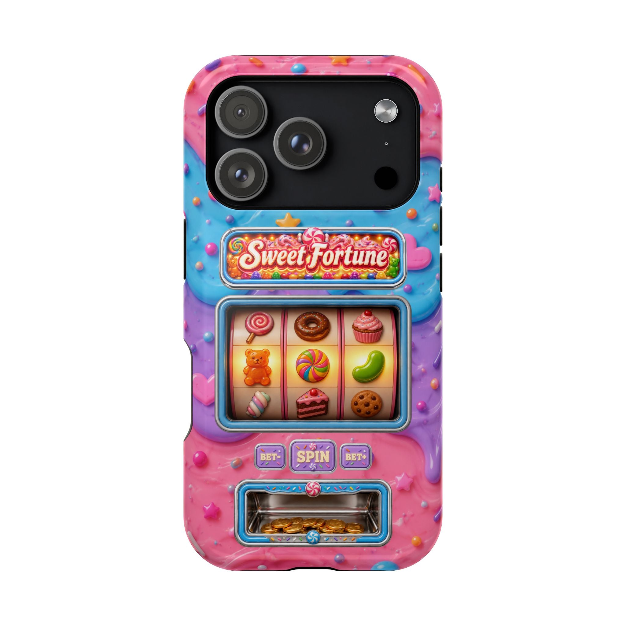 Candy Slot Machine iPhone Case, Sweet Fortune Casino Phone Cover, Colorful Candy Game Inspired MagSafe Compatible with Duel Layer Protection