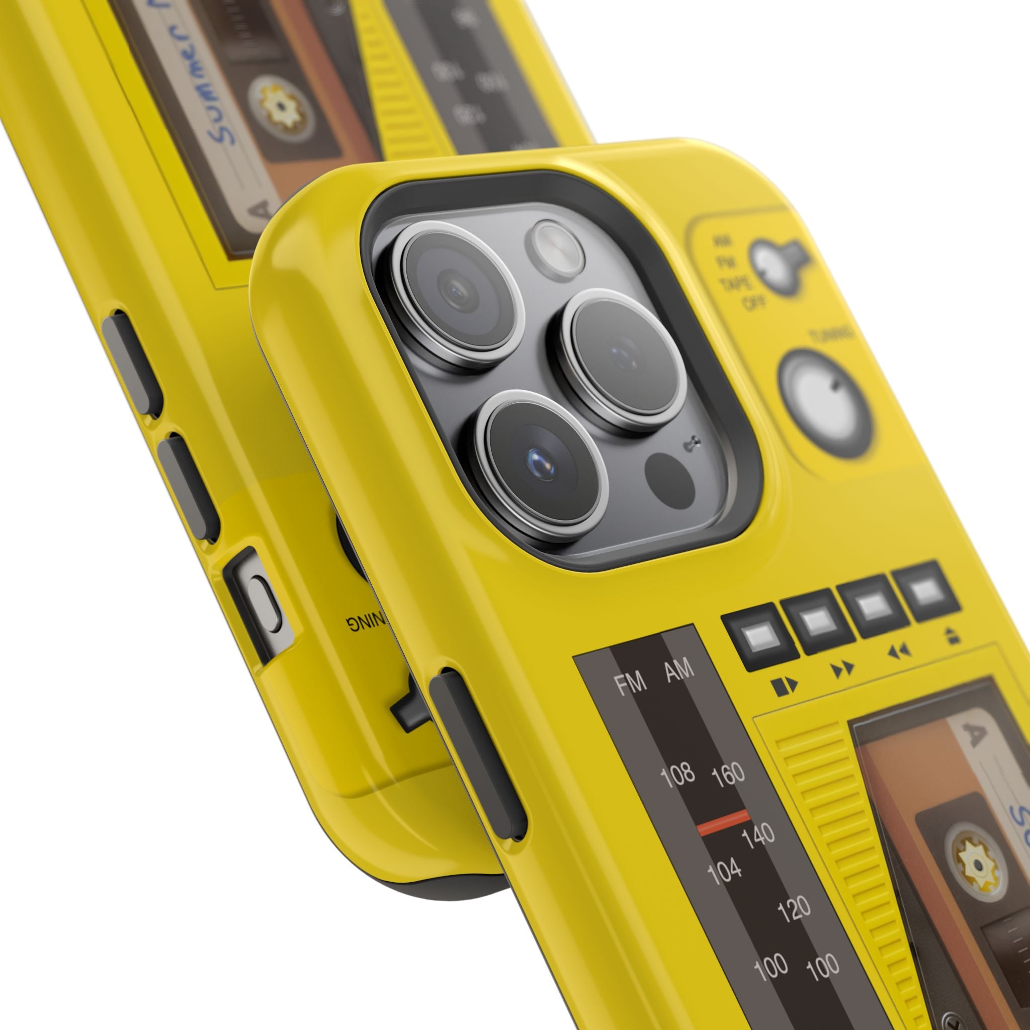 Retro Cassette AM FM Radio iPhone Case, Vintage Walkman Style Phone Case, MagSafe Dual Layer Protective Case Sport Yellow