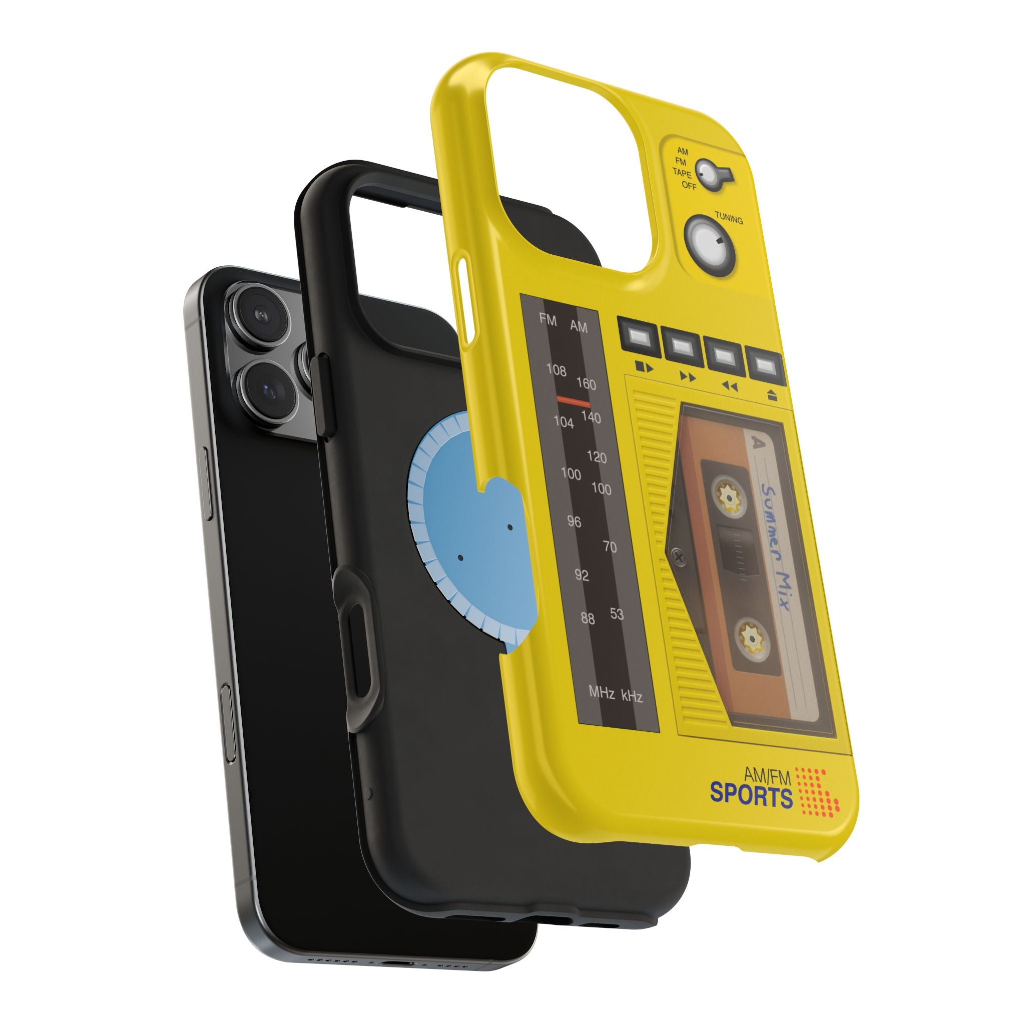Retro Cassette AM FM Radio iPhone Case, Vintage Walkman Style Phone Case, MagSafe Dual Layer Protective Case Sport Yellow