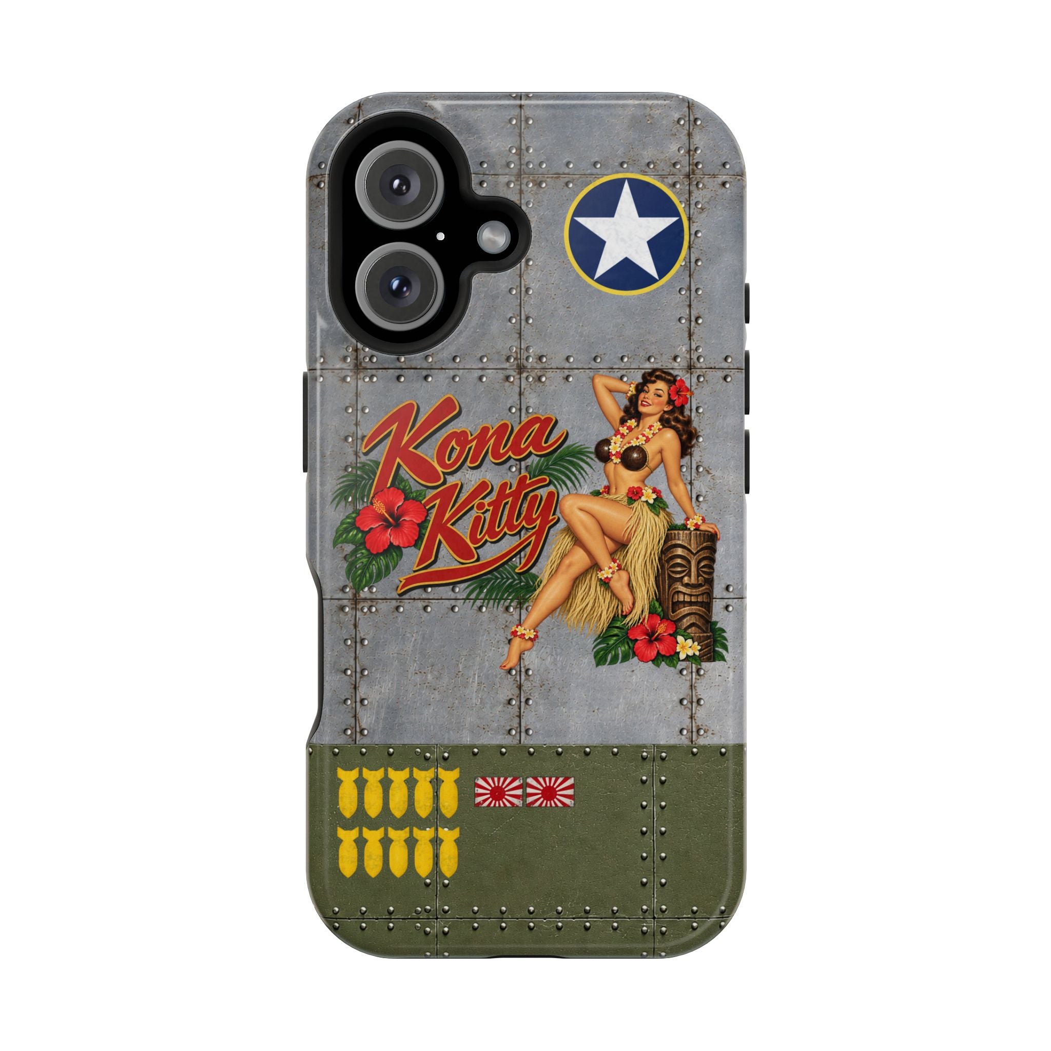 WWII Pinup Nose Art Phone Case, Kona Kitty Airplane Art, MagSafe Dual Layer Case for iPhone & Samsung Galaxy, Vintage Military Art