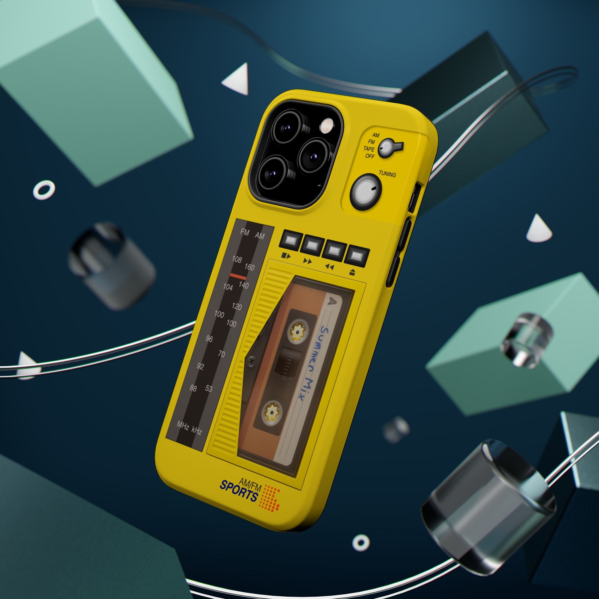 Retro Cassette AM FM Radio iPhone Case, Vintage Walkman Style Phone Case, MagSafe Dual Layer Protective Case Sport Yellow