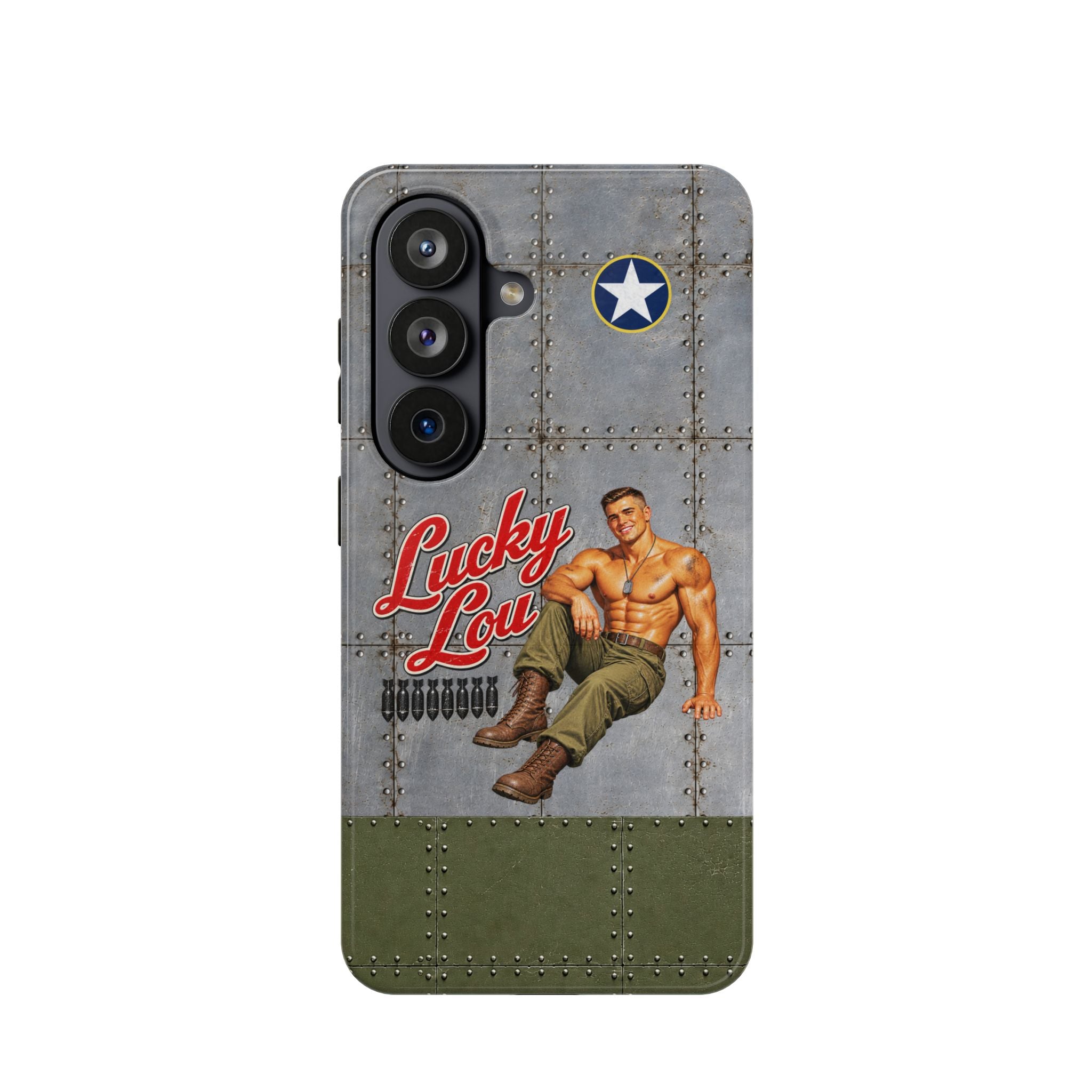 WWII Beefcake Phone Case, Lucky Lou Male Pinup Nose Art, MagSafe Dual Layer Case for iPhone & Samsung Galaxy, Vintage Military Art