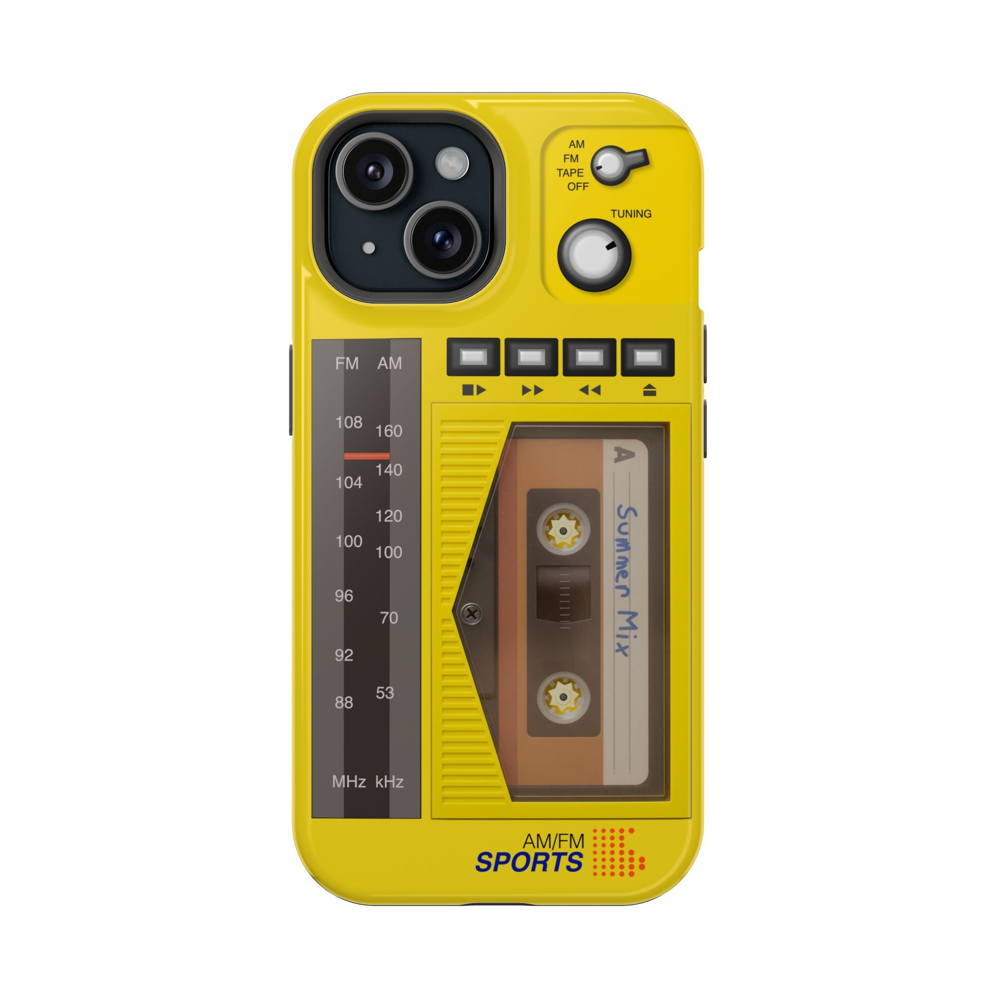 Retro Cassette AM FM Radio iPhone Case, Vintage Walkman Style Phone Case, MagSafe Dual Layer Protective Case Sport Yellow