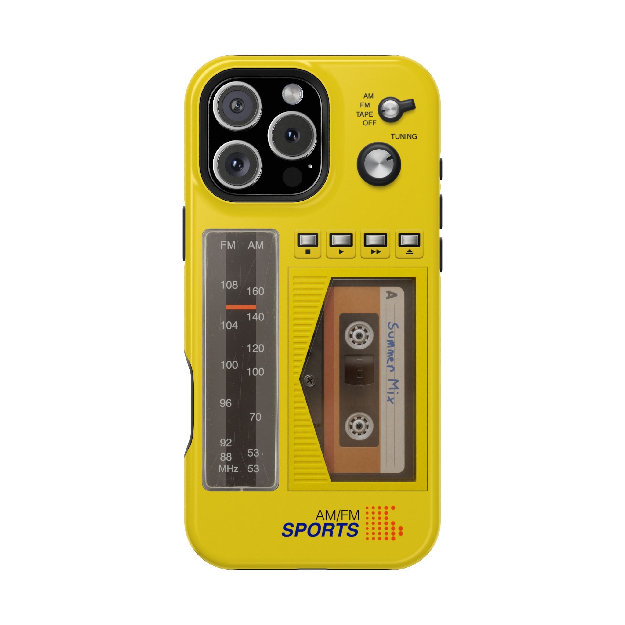 Retro Cassette AM FM Radio iPhone Case, Vintage Walkman Style Phone Case, MagSafe Dual Layer Protective Case Sport Yellow