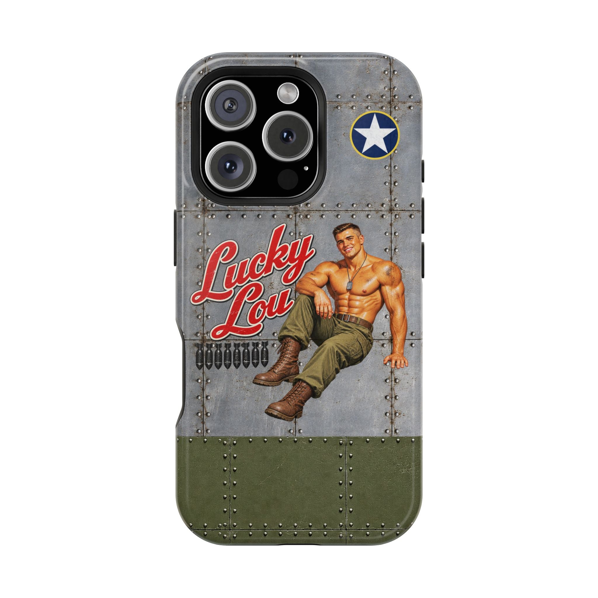 WWII Beefcake Phone Case, Lucky Lou Male Pinup Nose Art, MagSafe Dual Layer Case for iPhone & Samsung Galaxy, Vintage Military Art