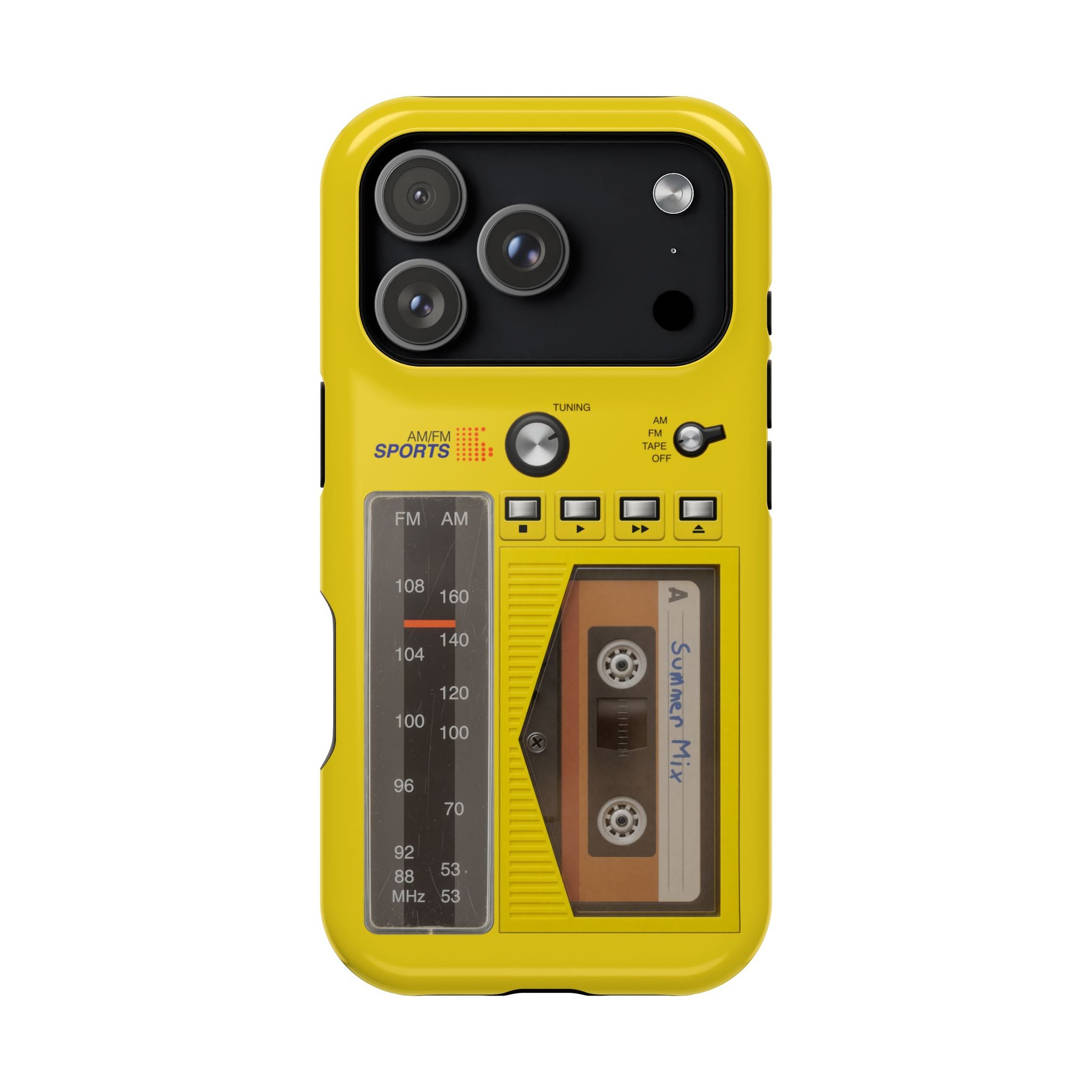 Retro Cassette AM FM Radio iPhone Case, Vintage Walkman Style Phone Case, MagSafe Dual Layer Protective Case Sport Yellow