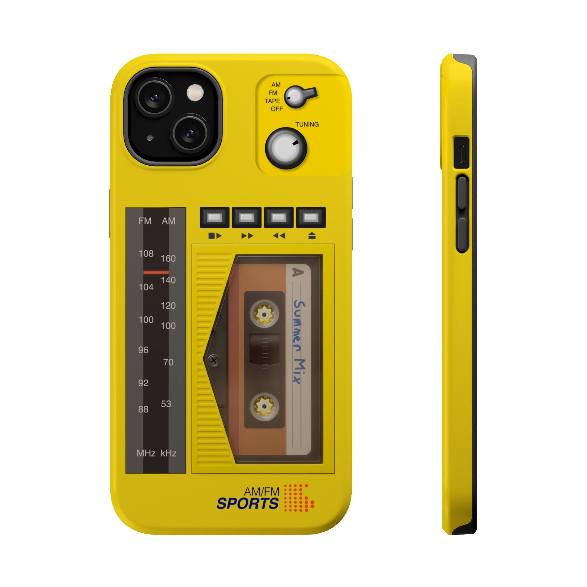 Retro Cassette AM FM Radio iPhone Case, Vintage Walkman Style Phone Case, MagSafe Dual Layer Protective Case Sport Yellow