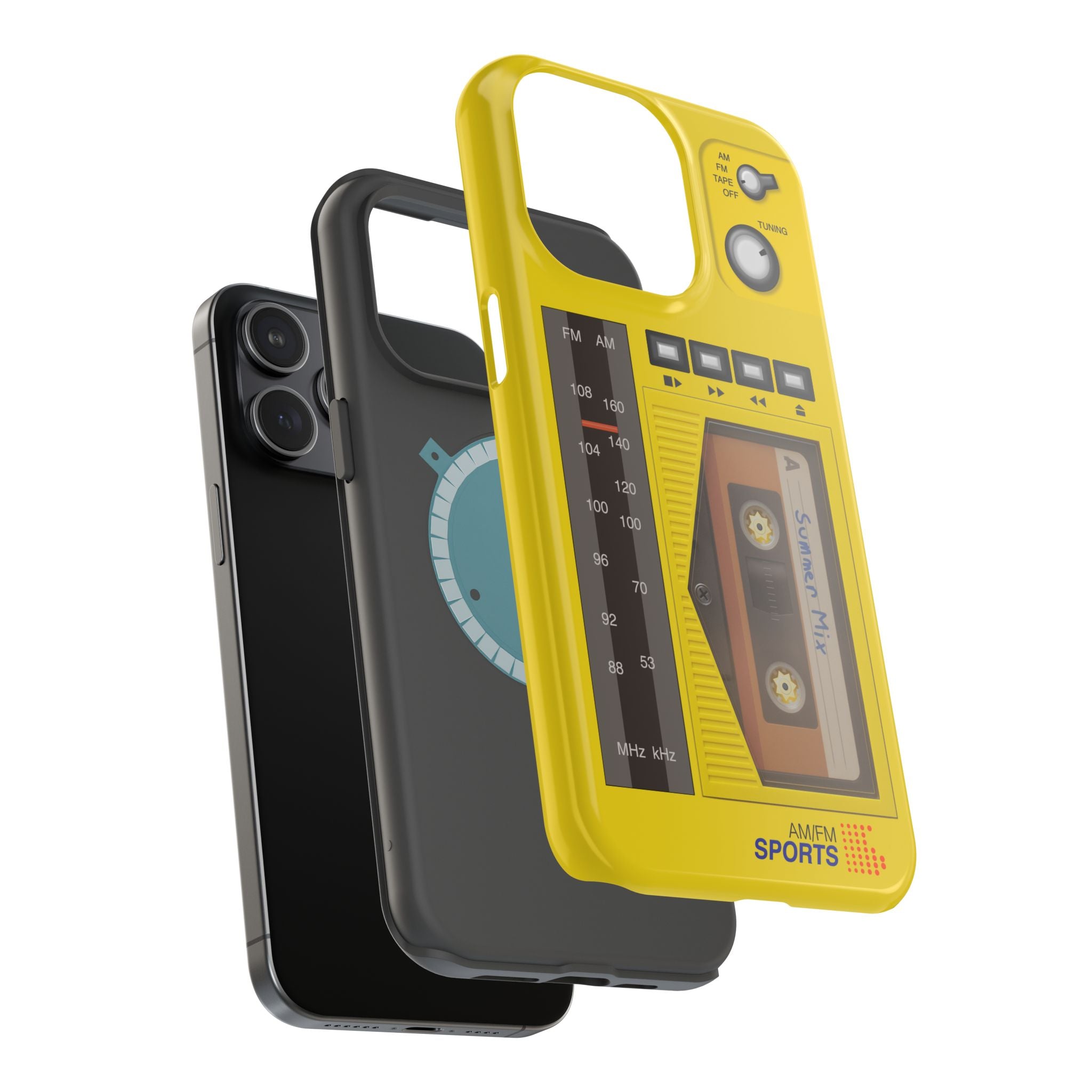 Retro Cassette AM FM Radio iPhone Case, Vintage Walkman Style Phone Case, MagSafe Dual Layer Protective Case Sport Yellow