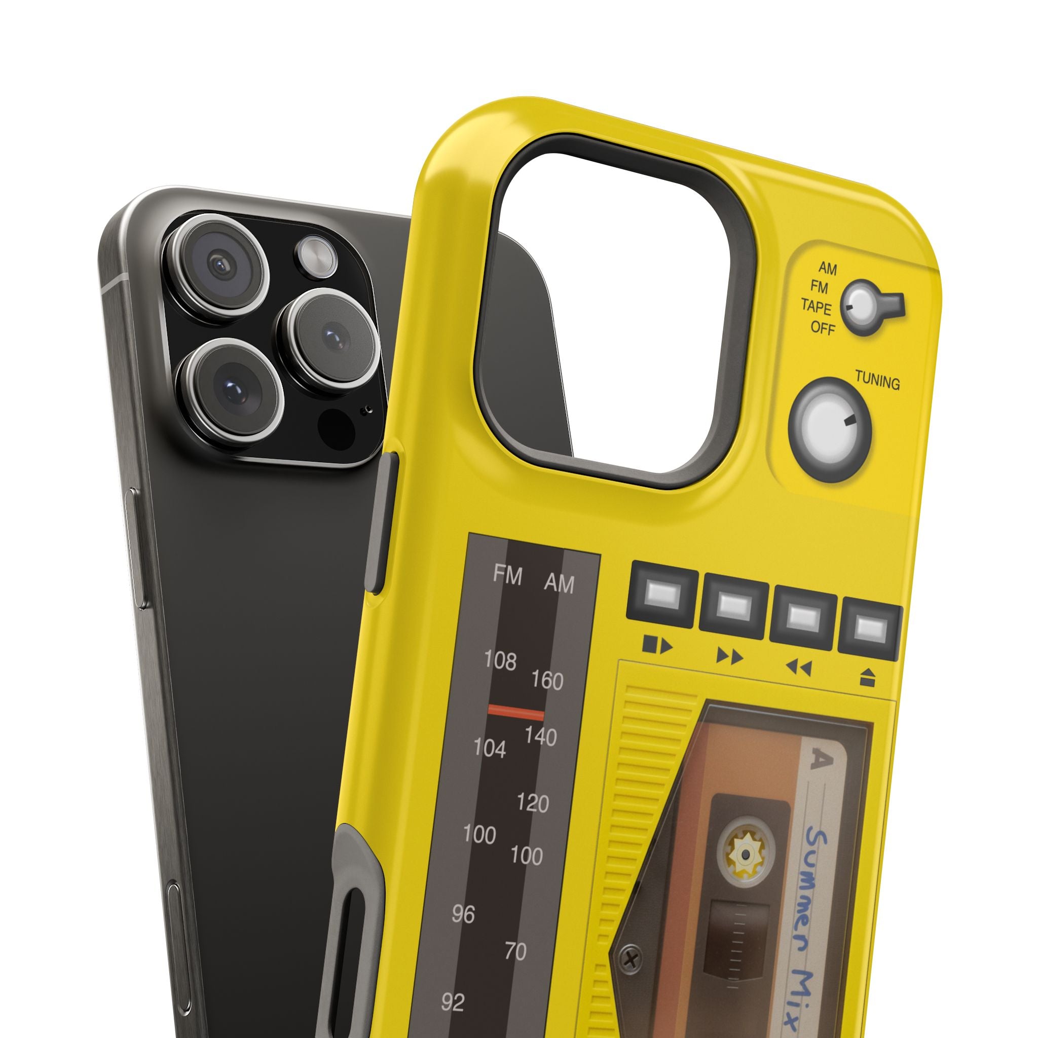 Retro Cassette AM FM Radio iPhone Case, Vintage Walkman Style Phone Case, MagSafe Dual Layer Protective Case Sport Yellow