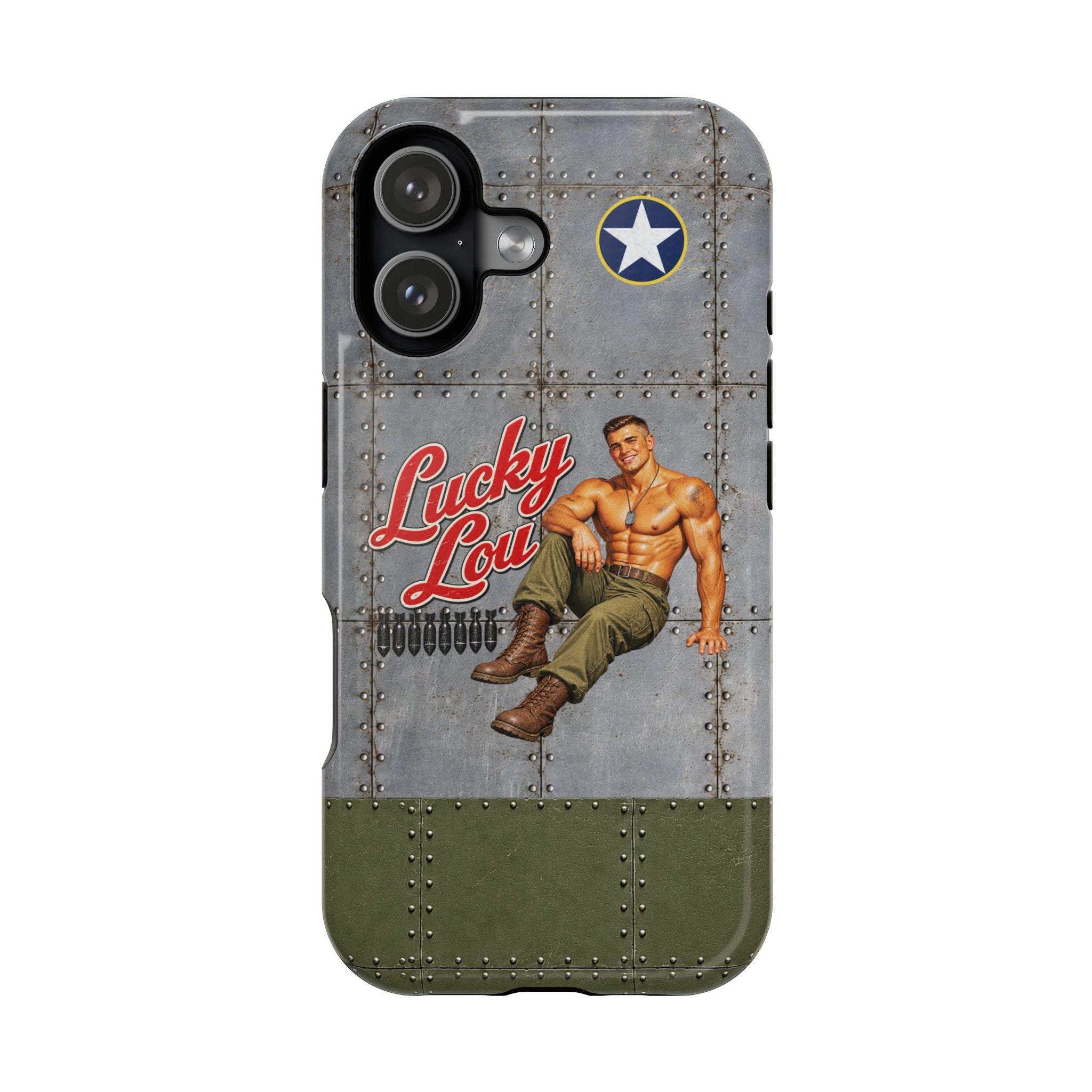 WWII Beefcake Phone Case, Lucky Lou Male Pinup Nose Art, MagSafe Dual Layer Case for iPhone & Samsung Galaxy, Vintage Military Art