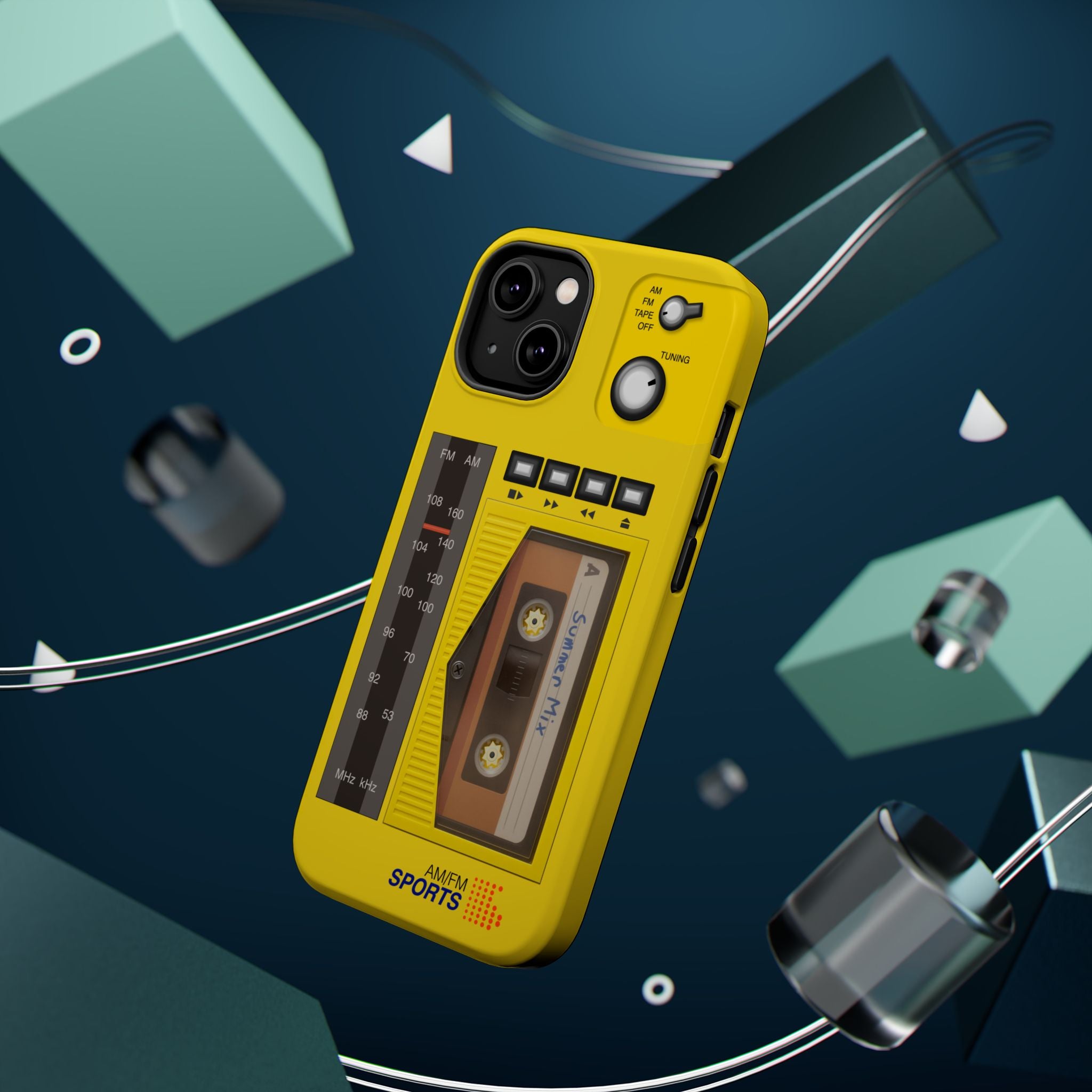 Retro Cassette AM FM Radio iPhone Case, Vintage Walkman Style Phone Case, MagSafe Dual Layer Protective Case Sport Yellow