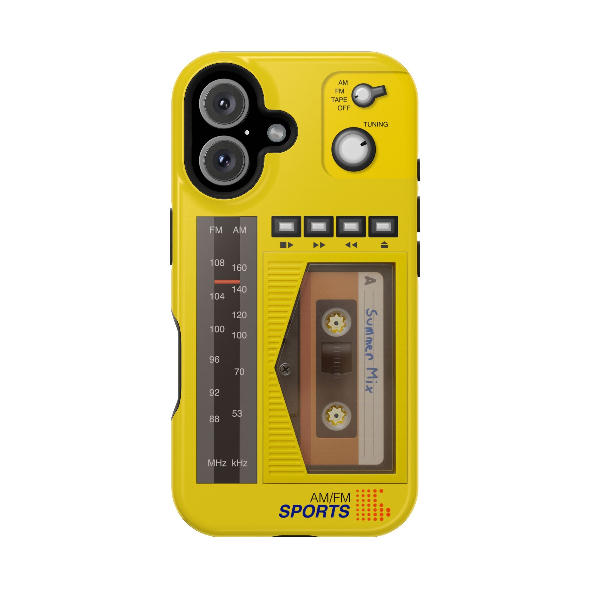 Retro Cassette AM FM Radio iPhone Case, Vintage Walkman Style Phone Case, MagSafe Dual Layer Protective Case Sport Yellow