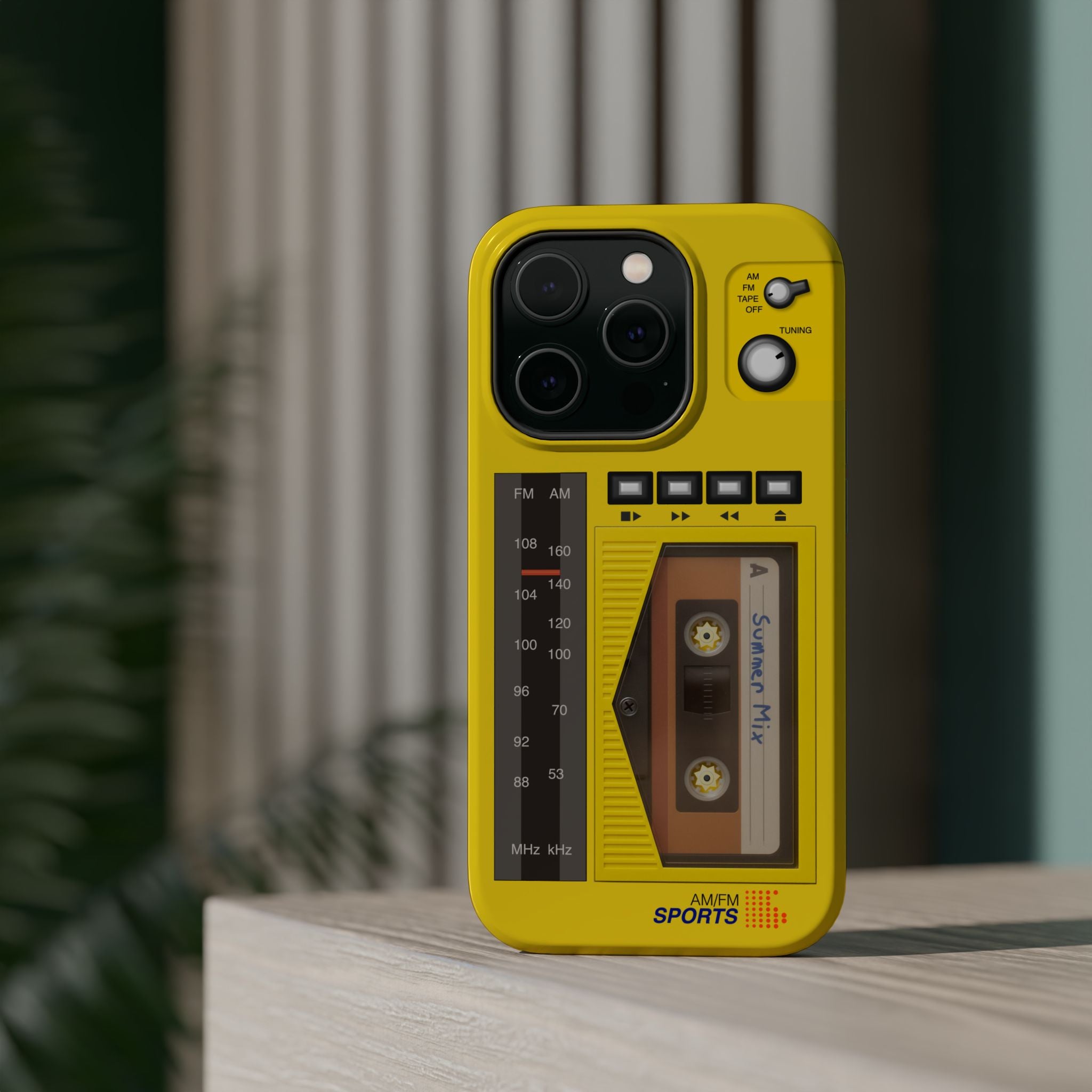 Retro Cassette AM FM Radio iPhone Case, Vintage Walkman Style Phone Case, MagSafe Dual Layer Protective Case Sport Yellow
