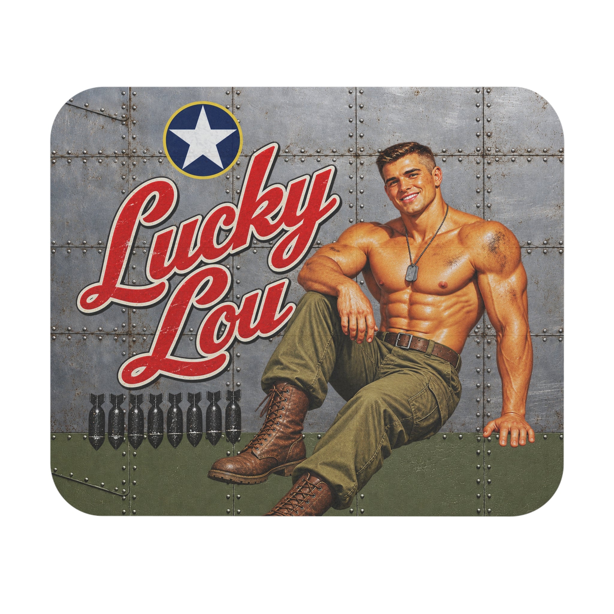 Lucky Lou WWII Beefcake Mouse Pad, Vintage Male Pinup Nose Art, Retro Military Aviation Desk Mat, 9x8 Inch