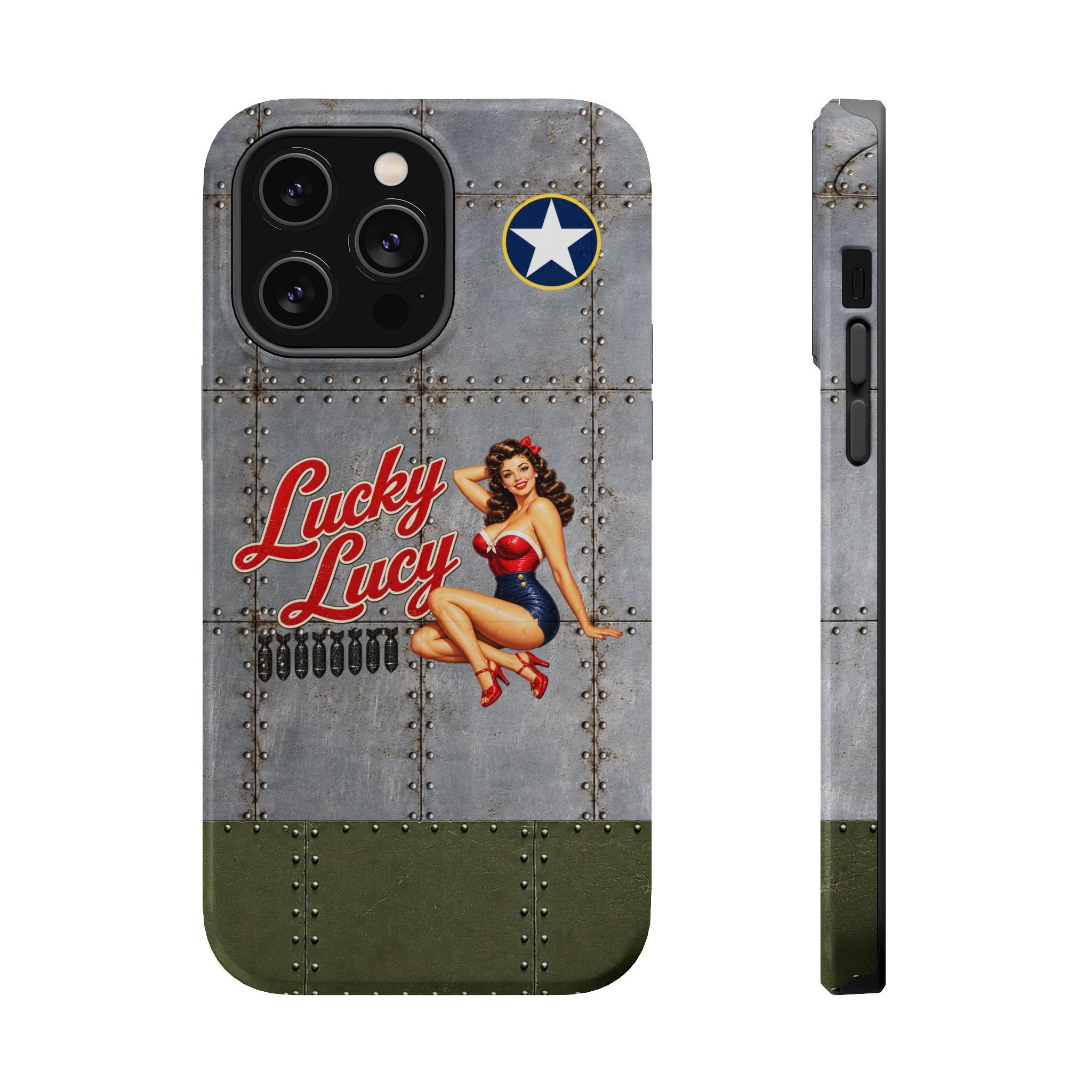 WWII Pinup Phone Case, Lucky Lucy Nose Art, MagSafe Dual Layer Case for iPhone & Samsung Galaxy, Vintage Aircraft Art