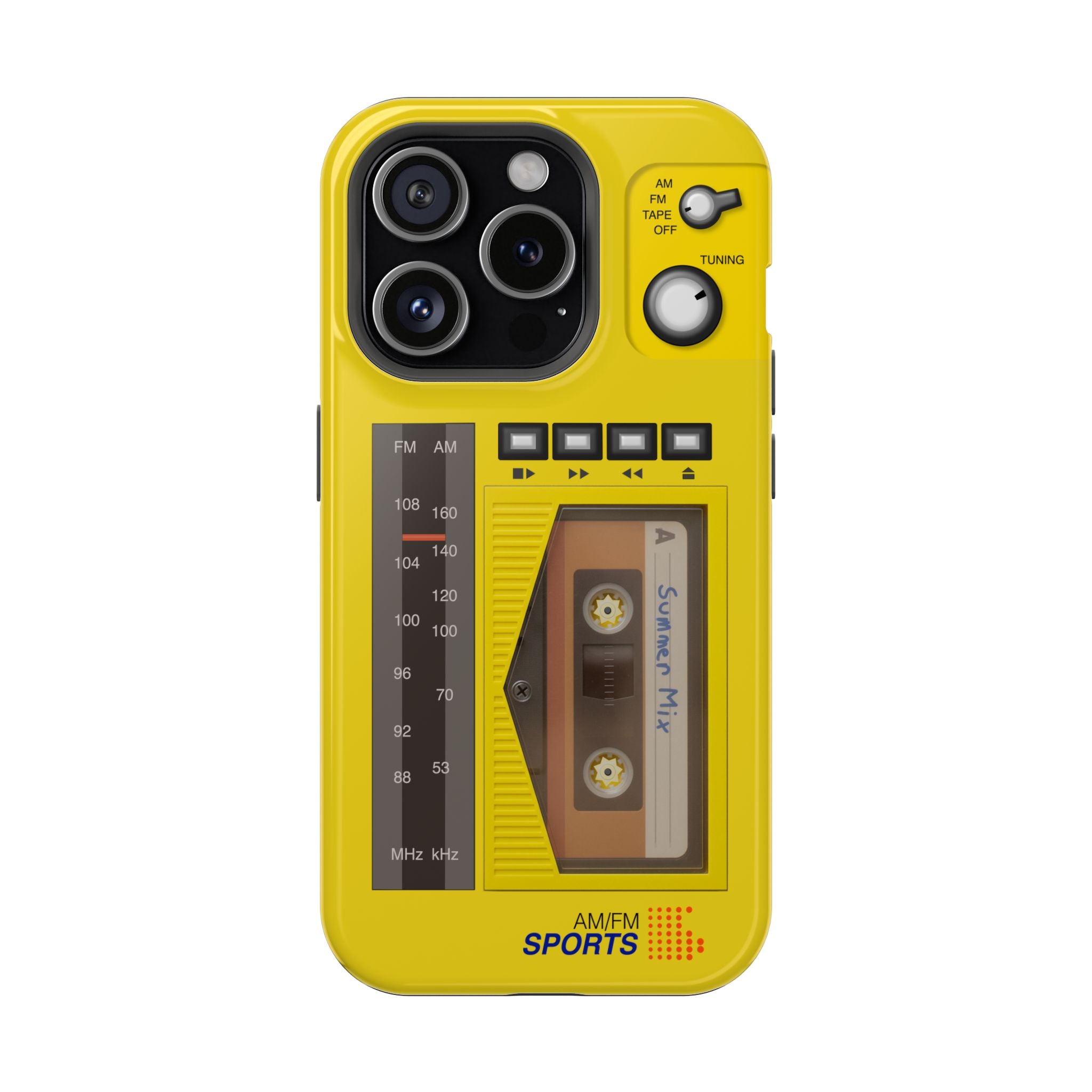 Retro Cassette AM FM Radio iPhone Case, Vintage Walkman Style Phone Case, MagSafe Dual Layer Protective Case Sport Yellow