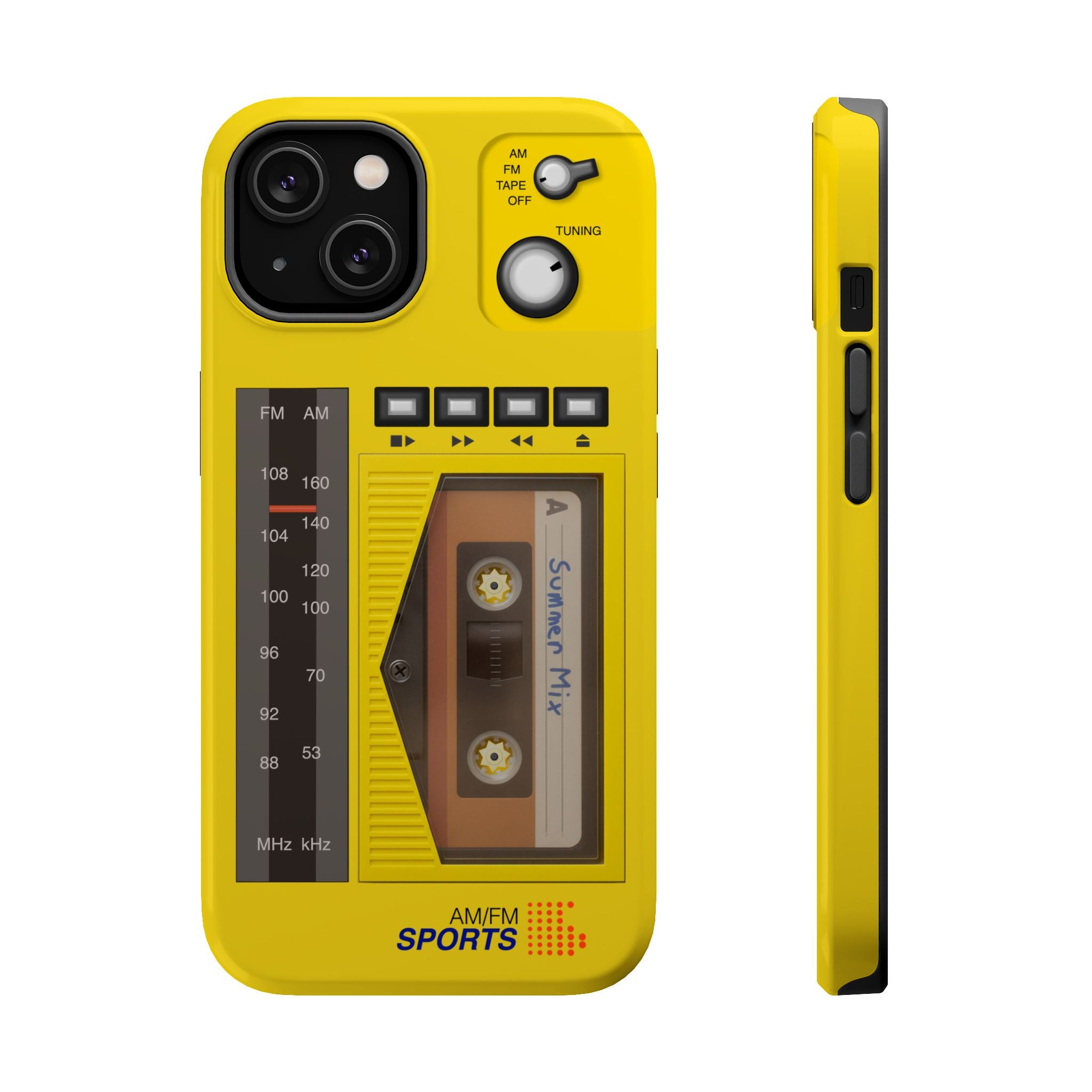 Retro Cassette AM FM Radio iPhone Case, Vintage Walkman Style Phone Case, MagSafe Dual Layer Protective Case Sport Yellow