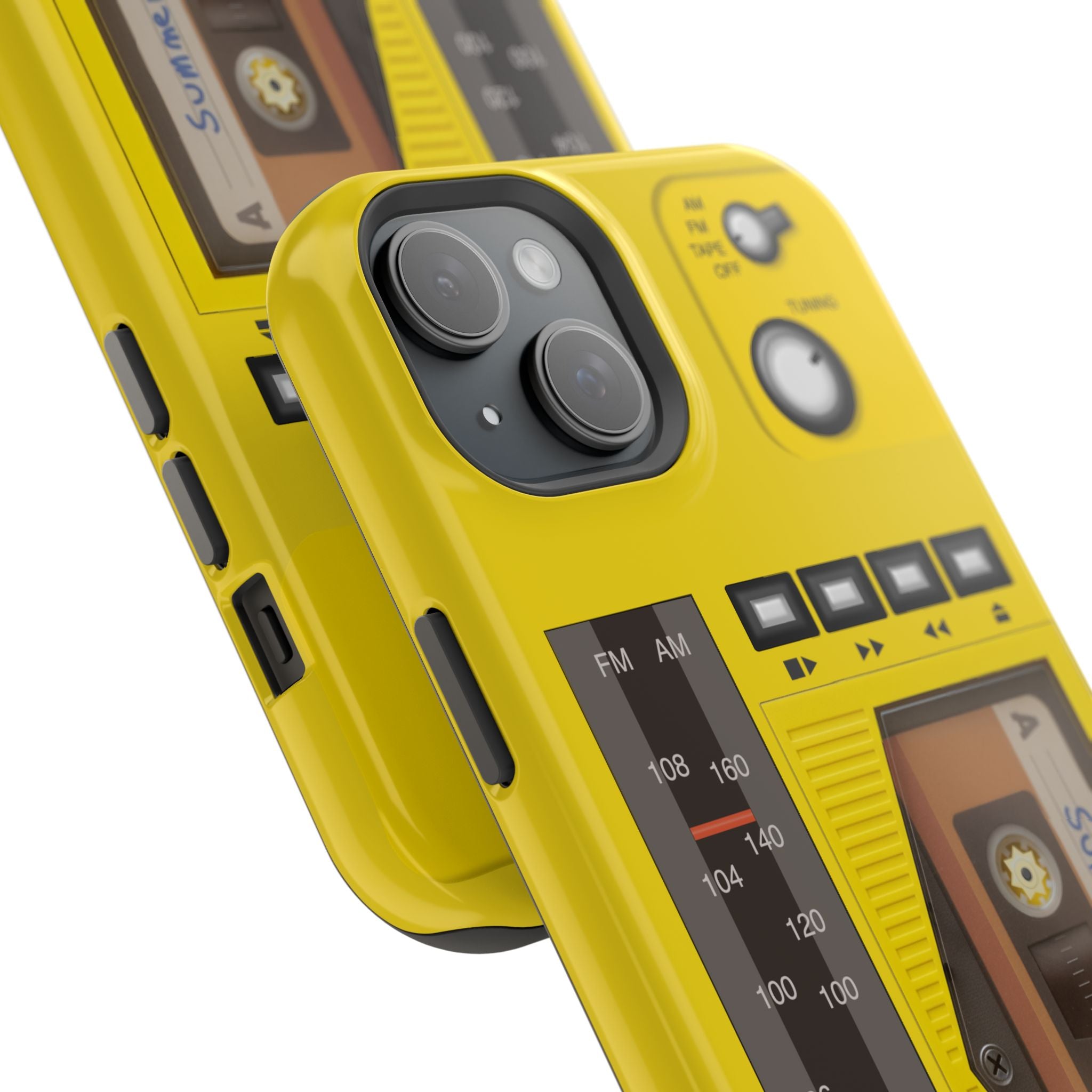 Retro Cassette AM FM Radio iPhone Case, Vintage Walkman Style Phone Case, MagSafe Dual Layer Protective Case Sport Yellow