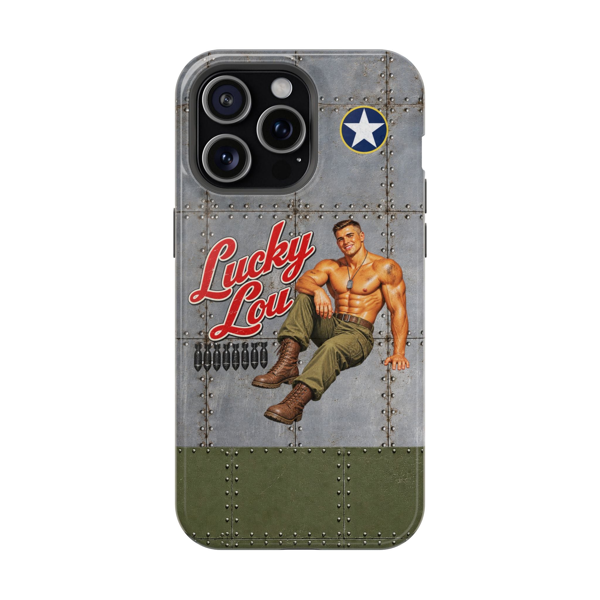 WWII Beefcake Phone Case, Lucky Lou Male Pinup Nose Art, MagSafe Dual Layer Case for iPhone & Samsung Galaxy, Vintage Military Art