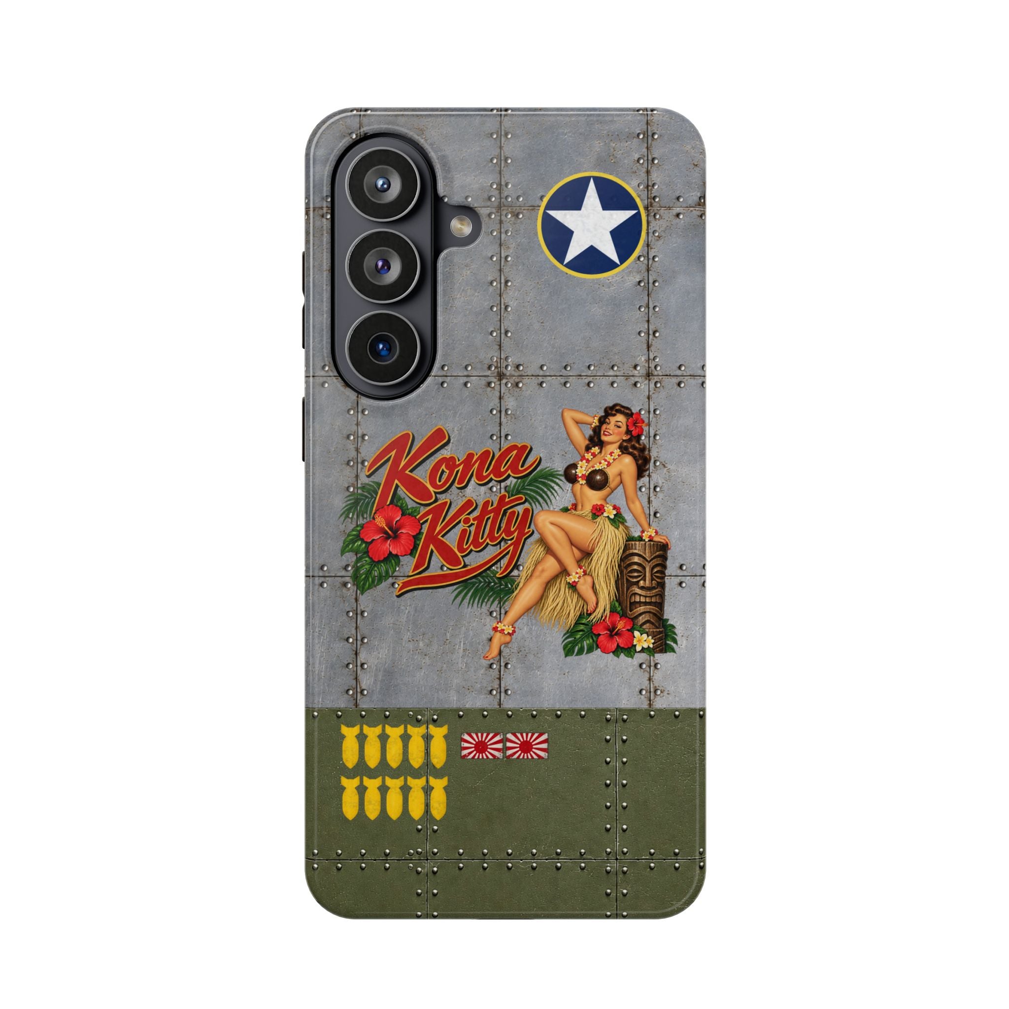 WWII Pinup Nose Art Phone Case, Kona Kitty Airplane Art, MagSafe Dual Layer Case for iPhone & Samsung Galaxy, Vintage Military Art