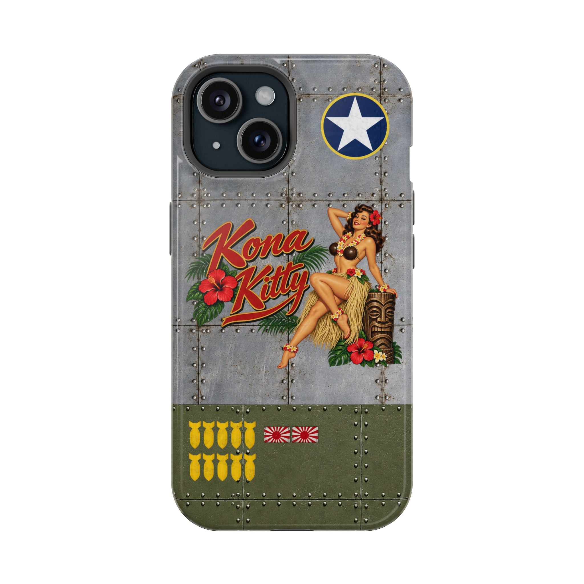 WWII Pinup Nose Art Phone Case, Kona Kitty Airplane Art, MagSafe Dual Layer Case for iPhone & Samsung Galaxy, Vintage Military Art