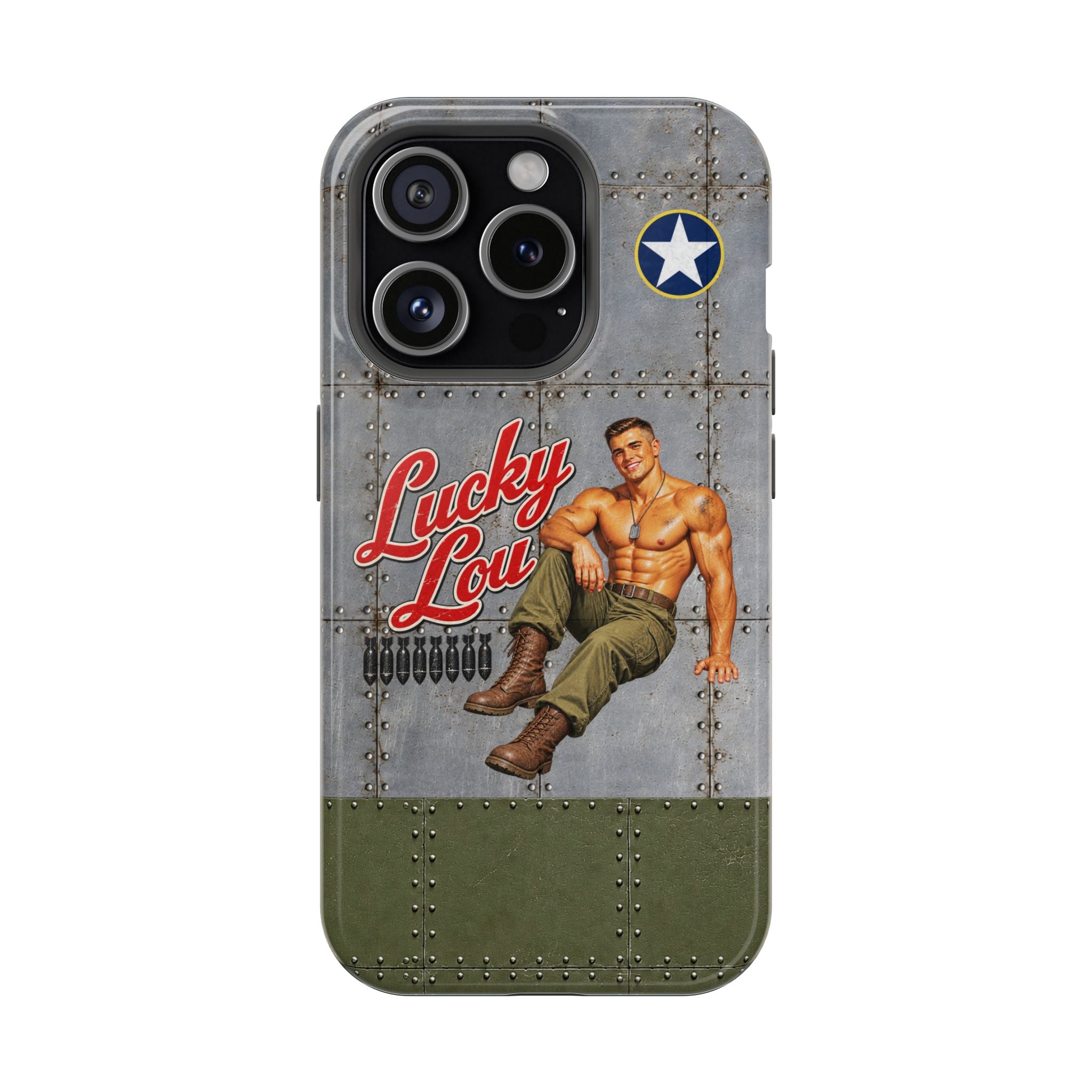 WWII Beefcake Phone Case, Lucky Lou Male Pinup Nose Art, MagSafe Dual Layer Case for iPhone & Samsung Galaxy, Vintage Military Art