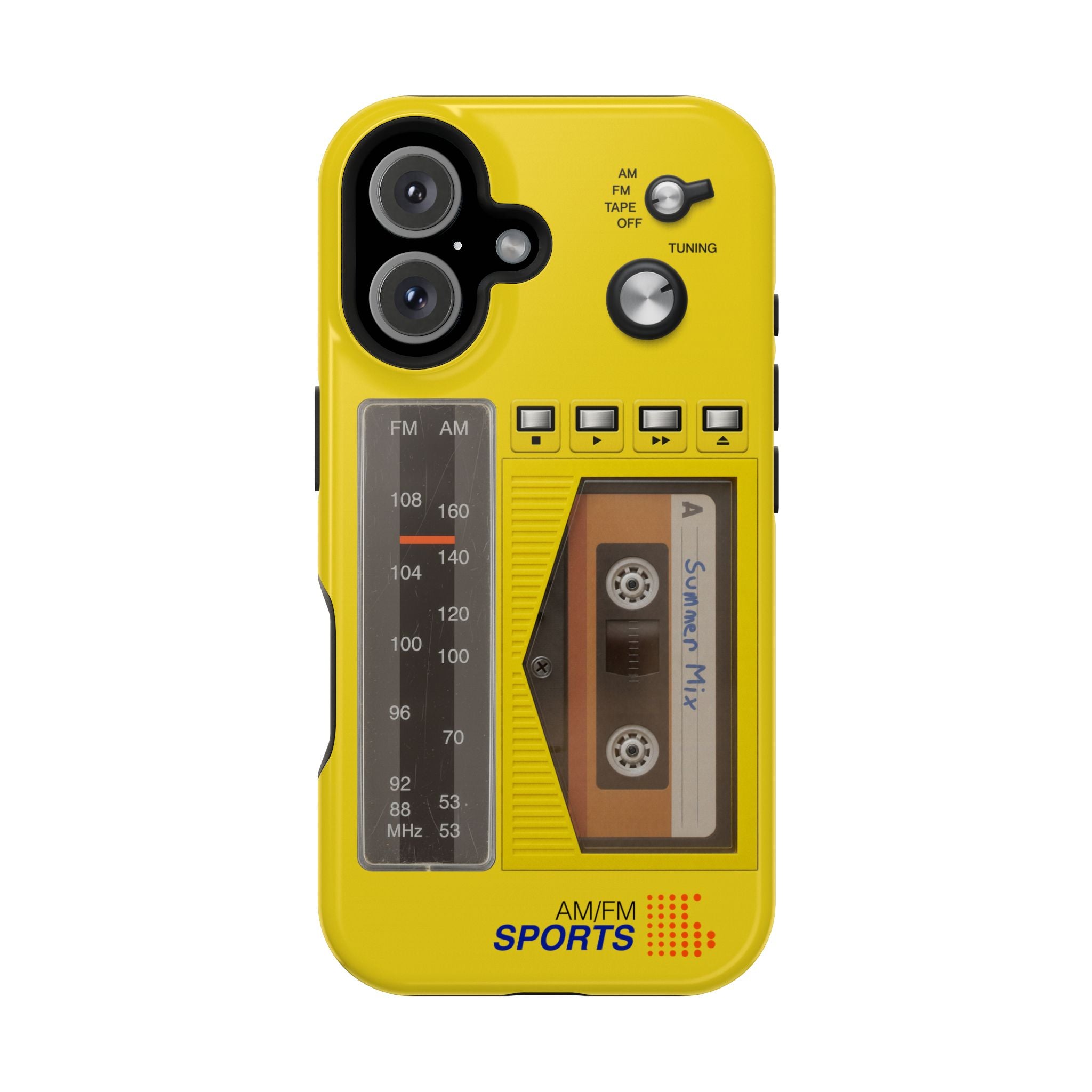 Retro Cassette AM FM Radio iPhone Case, Vintage Walkman Style Phone Case, MagSafe Dual Layer Protective Case Sport Yellow