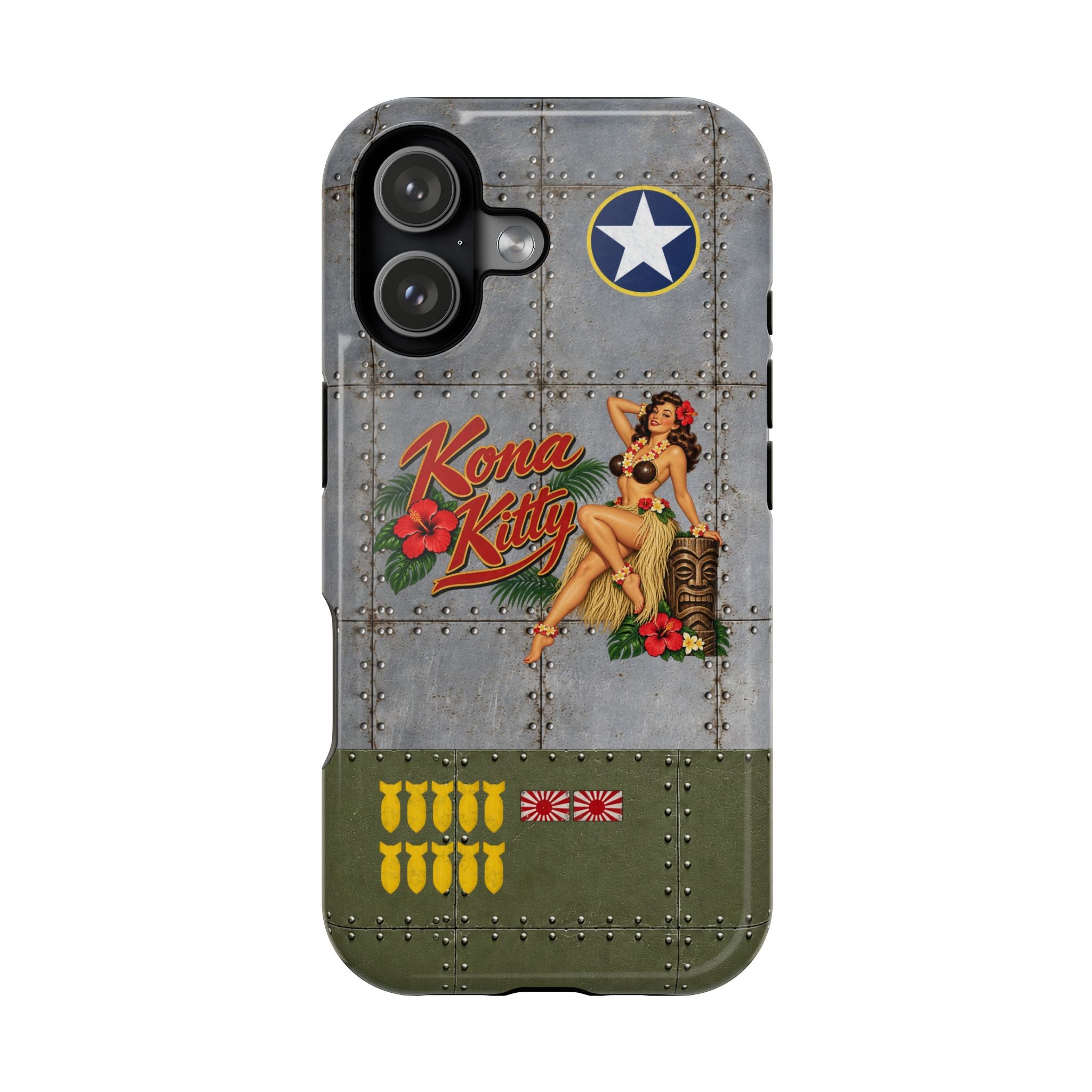 WWII Pinup Nose Art Phone Case, Kona Kitty Airplane Art, MagSafe Dual Layer Case for iPhone & Samsung Galaxy, Vintage Military Art