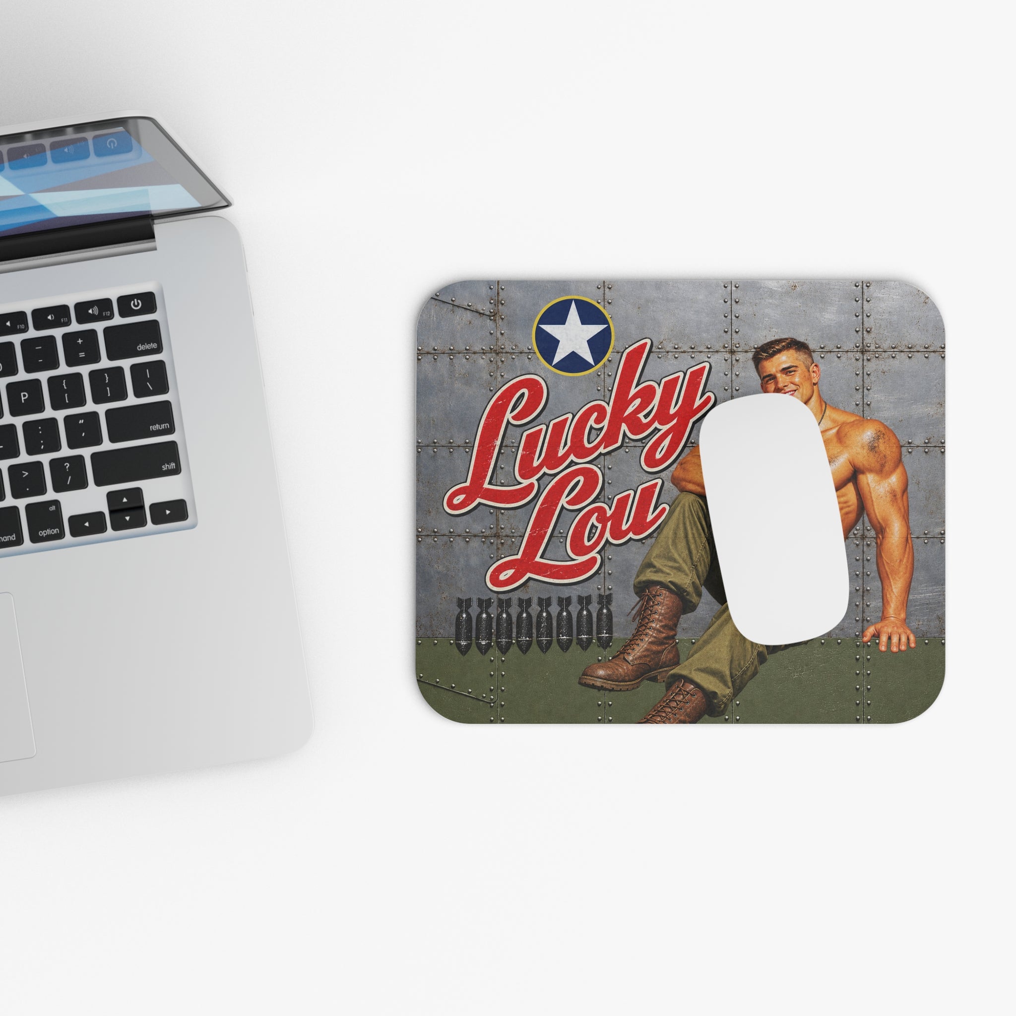 Lucky Lou WWII Beefcake Mouse Pad, Vintage Male Pinup Nose Art, Retro Military Aviation Desk Mat, 9x8 Inch