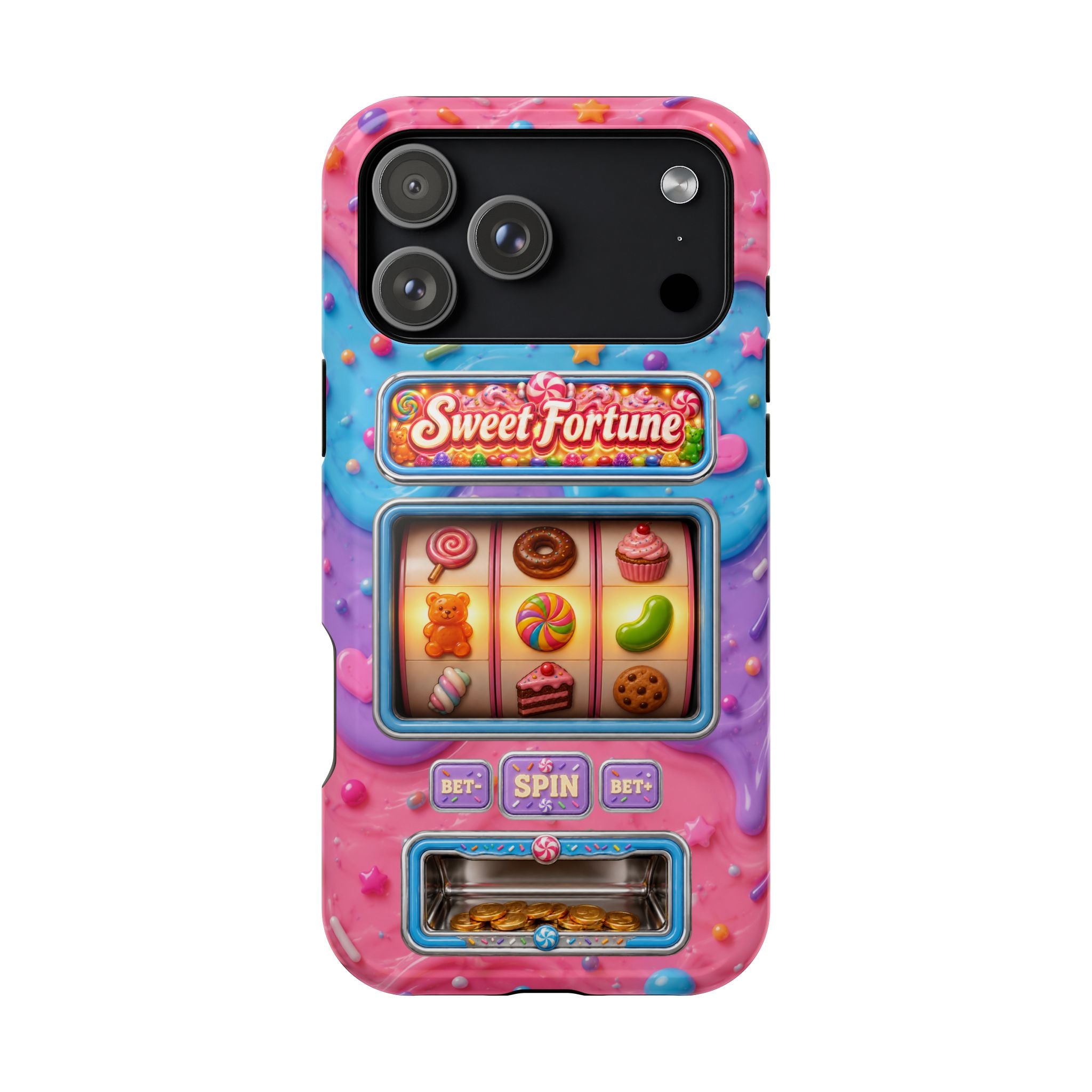 Candy Slot Machine iPhone Case, Sweet Fortune Casino Phone Cover, Colorful Candy Game Inspired MagSafe Compatible with Duel Layer Protection