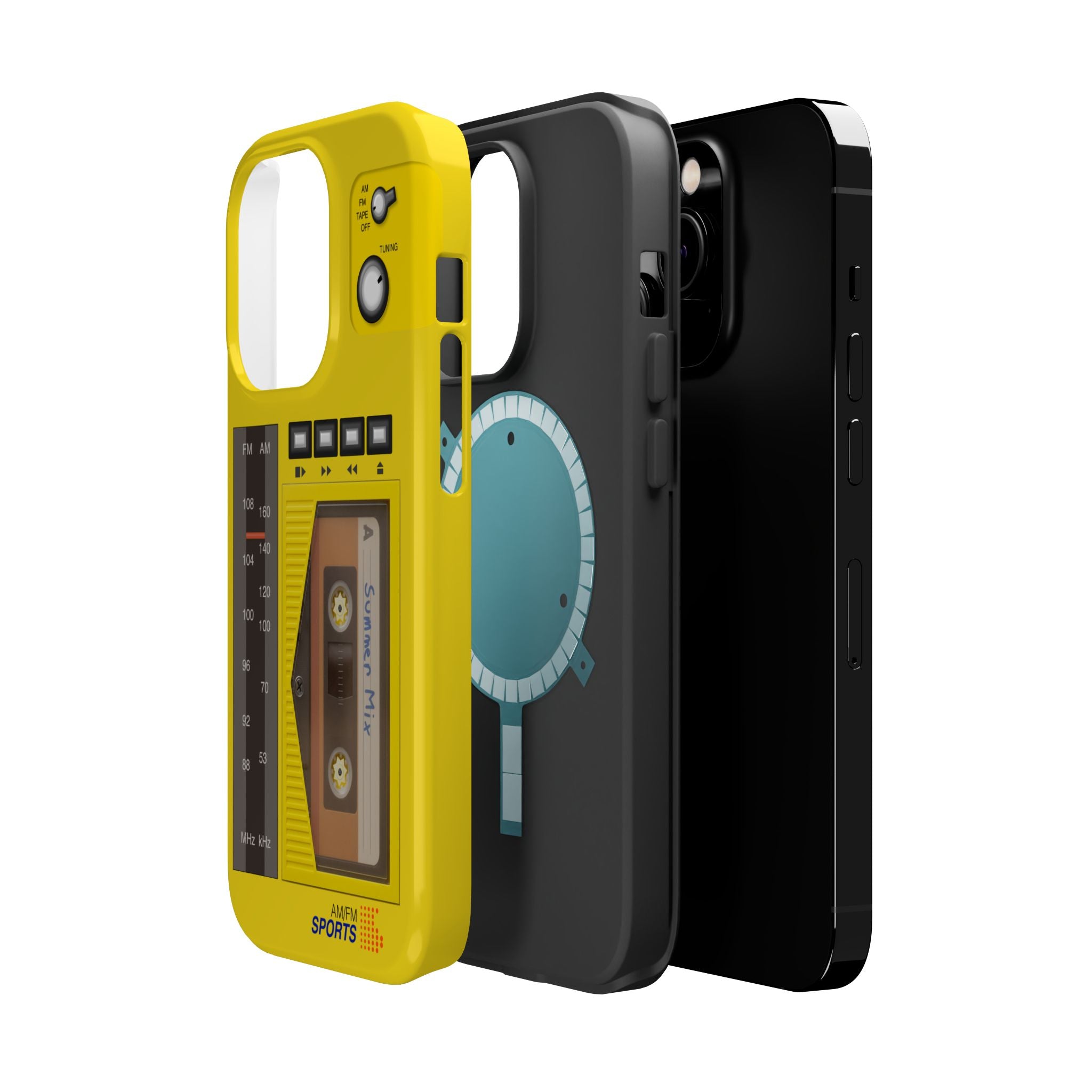 Retro Cassette AM FM Radio iPhone Case, Vintage Walkman Style Phone Case, MagSafe Dual Layer Protective Case Sport Yellow
