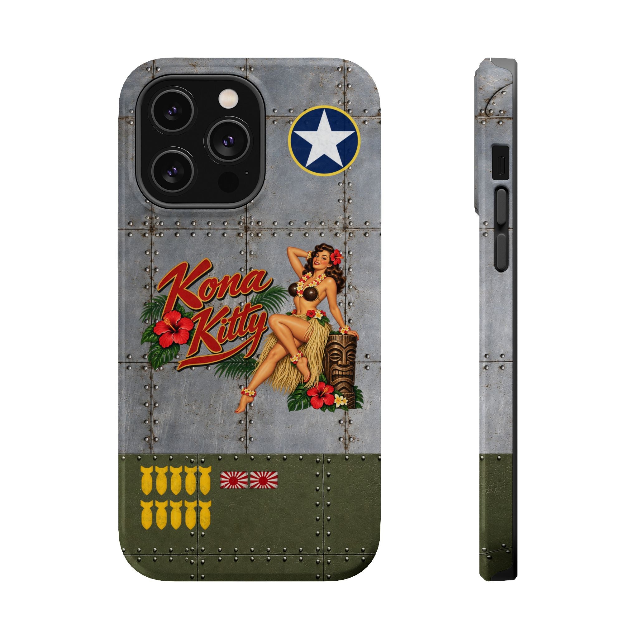 WWII Pinup Nose Art Phone Case, Kona Kitty Airplane Art, MagSafe Dual Layer Case for iPhone & Samsung Galaxy, Vintage Military Art