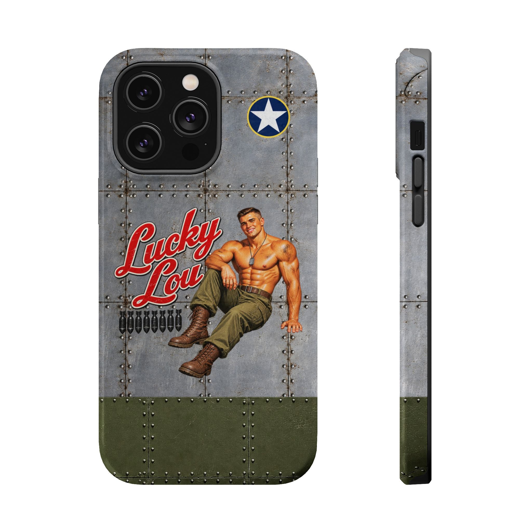 WWII Beefcake Phone Case, Lucky Lou Male Pinup Nose Art, MagSafe Dual Layer Case for iPhone & Samsung Galaxy, Vintage Military Art