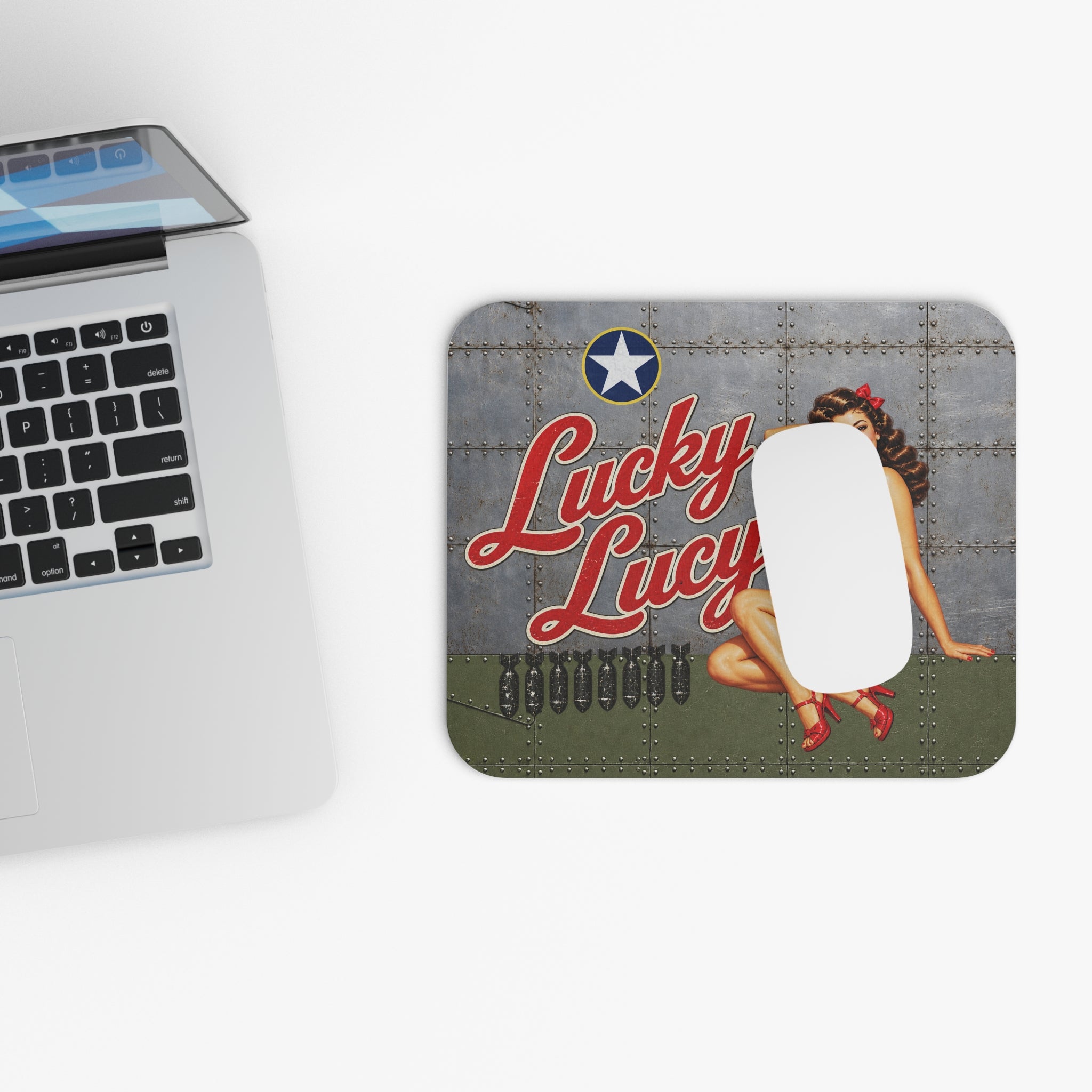 Lucky Lucy WWII Pinup Mouse Pad, Vintage Nose Art, Retro Bombshell Aviation Desk Mat, Warbird Gift, 9x8 Inch