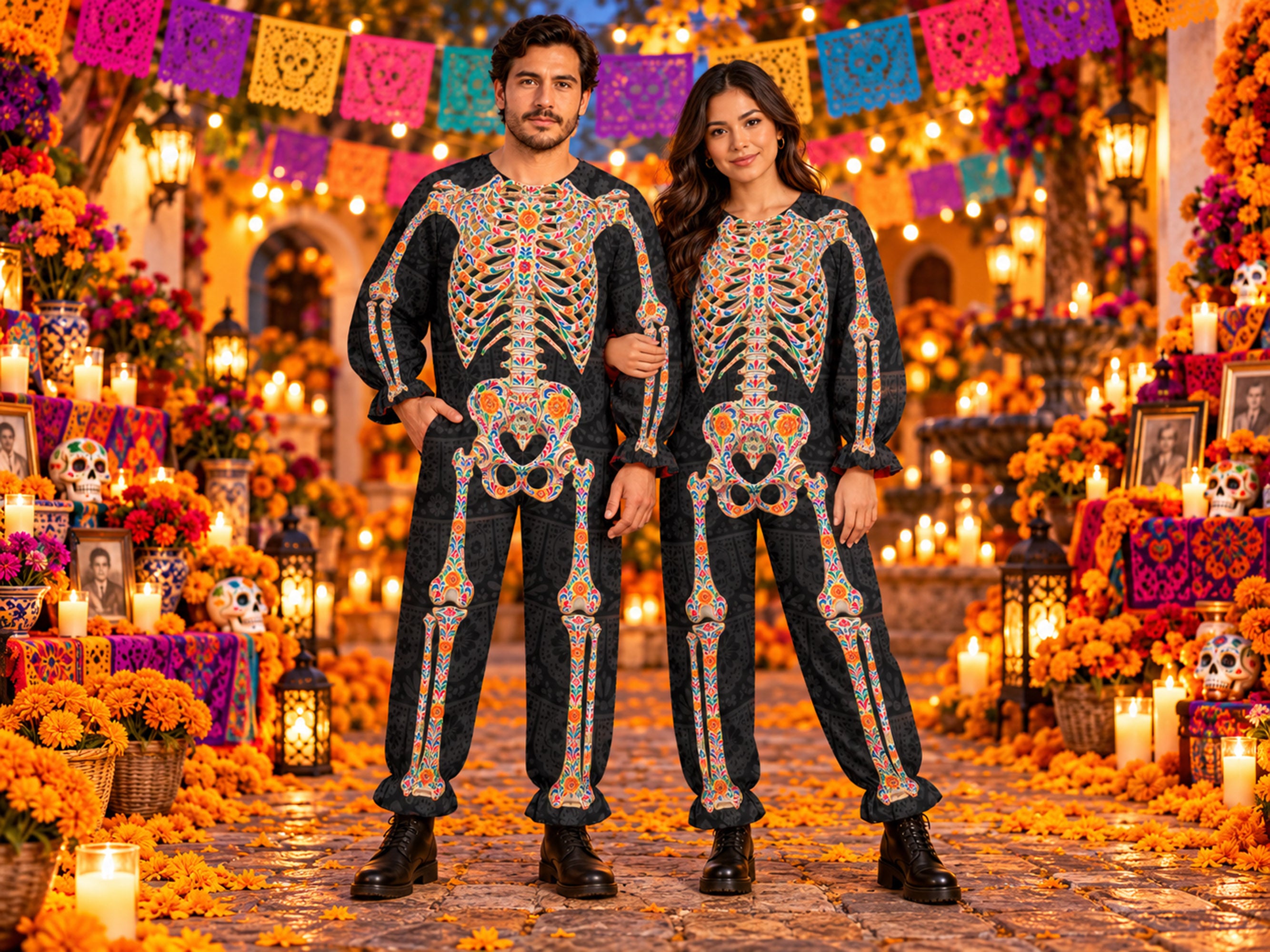 Día de los Muertos Skeleton Costume, Papel Picado Day of the Dead Halloween Jumpsuit