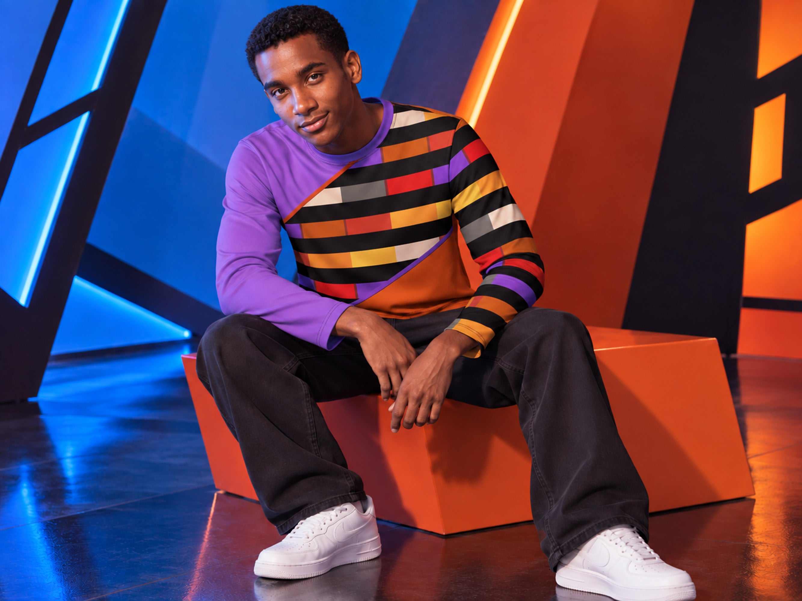 Purple Orange Black Color Block Long Sleeve Shirt, Future Civilian Costume T-Shirt Jake Sisko