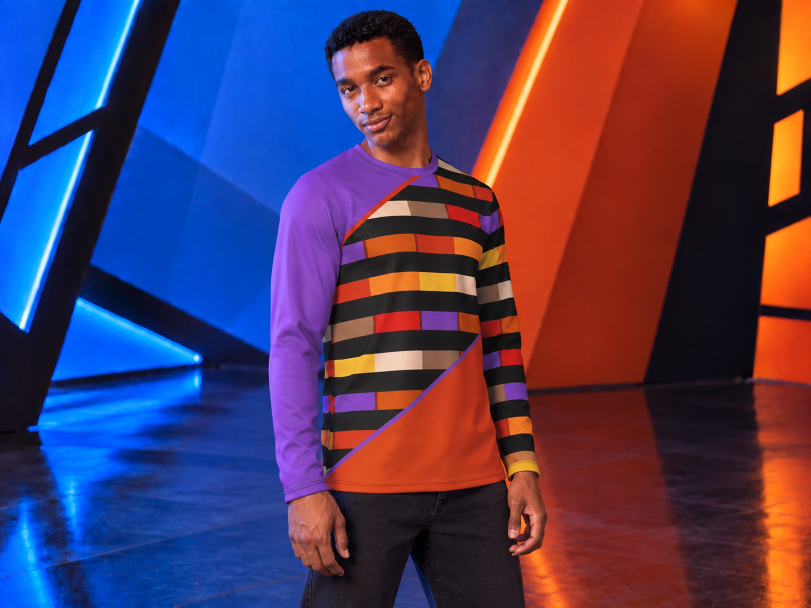 Purple Orange Black Color Block Long Sleeve Shirt, Future Civilian Costume T-Shirt Jake Sisko