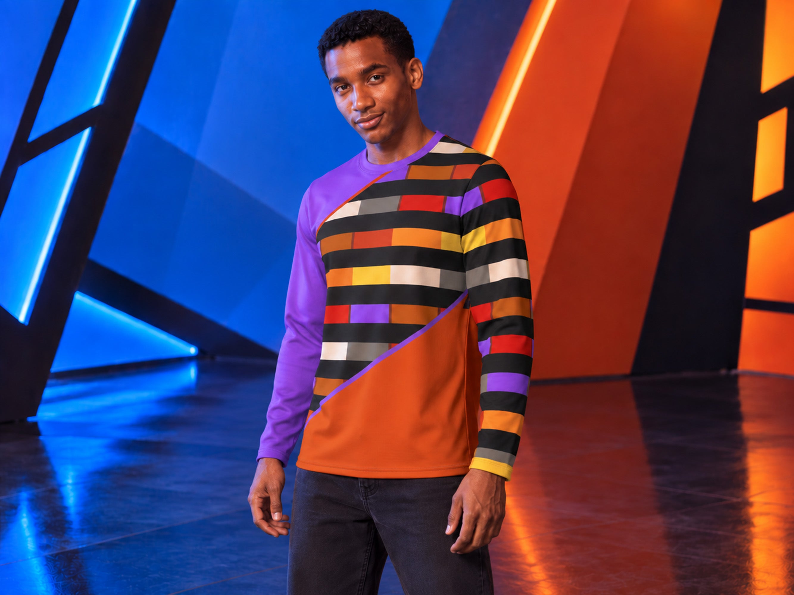 Purple Orange Black Color Block Long Sleeve Shirt, Future Civilian Costume T-Shirt Jake Sisko