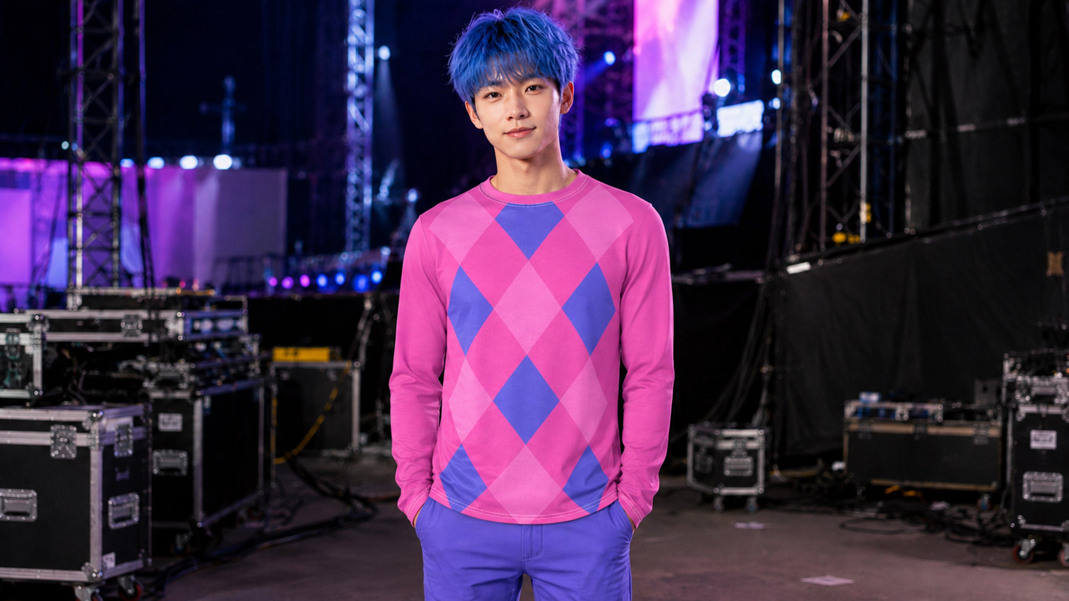 Pink and Blue Argyle Long Sleeve Shirt, Bright Colorblock Kawaii JPOP KPOP Fashion Baby Costume