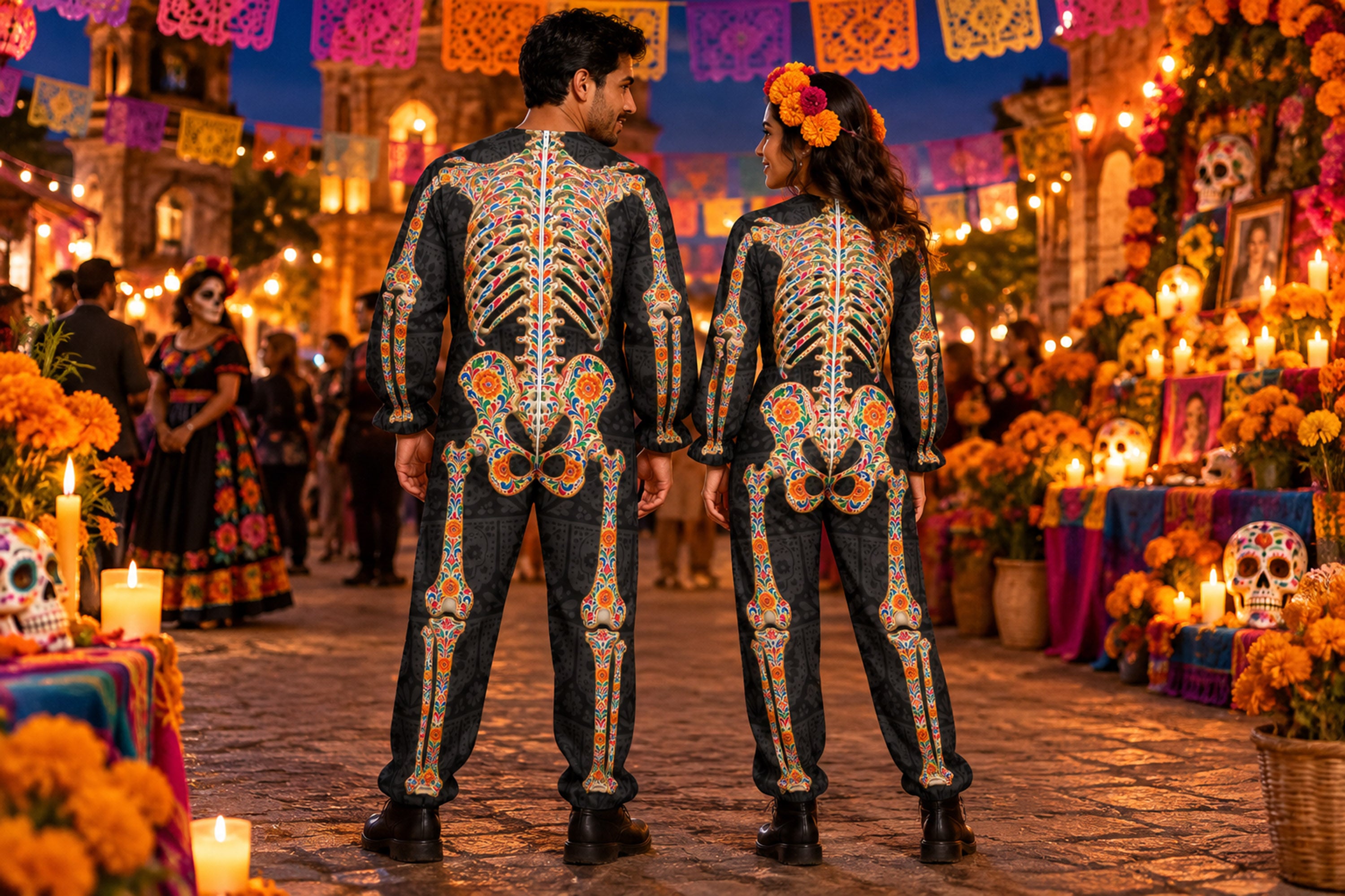 Día de los Muertos Skeleton Costume, Papel Picado Day of the Dead Halloween Jumpsuit